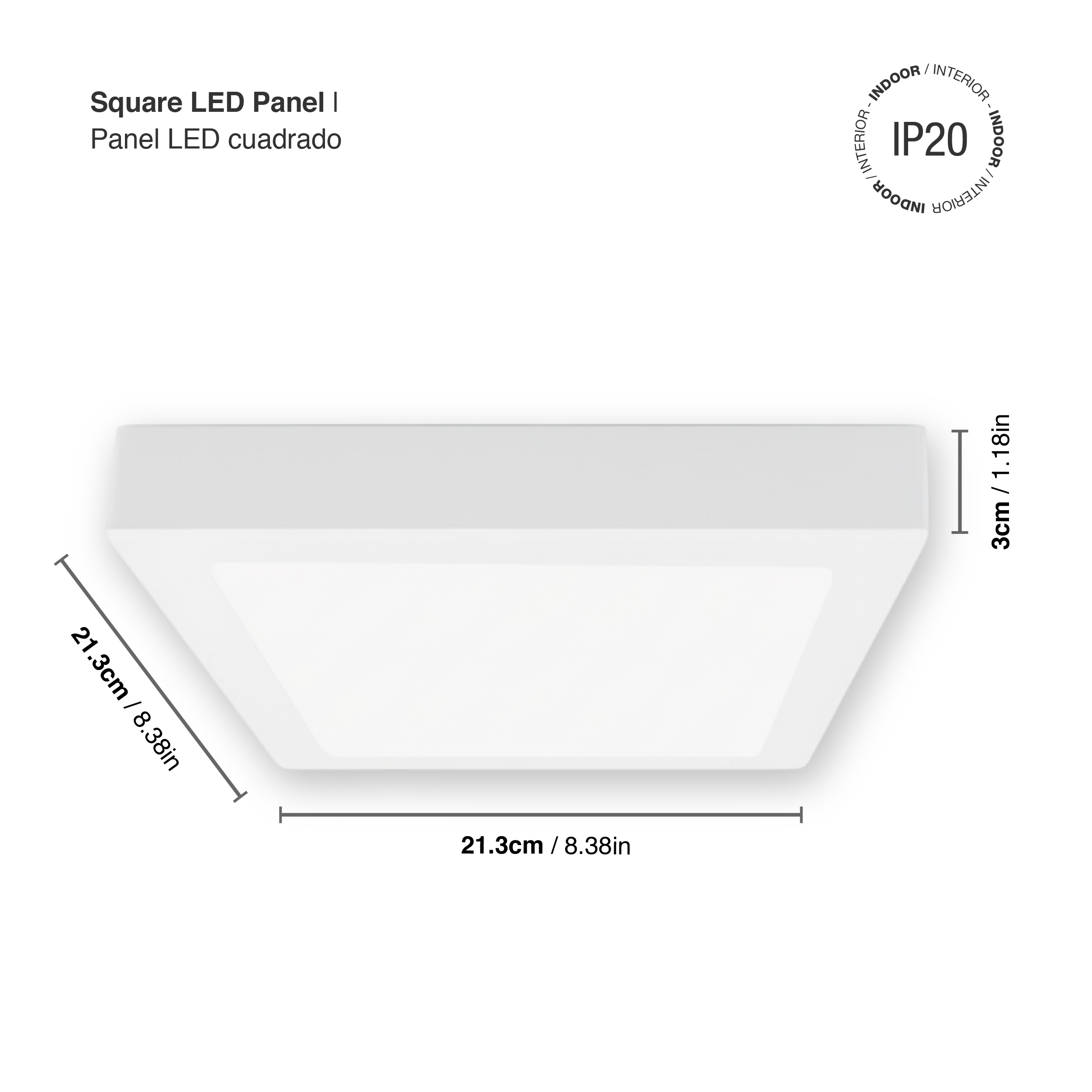 Plafón LED cuadrado blanco de 21,3x21,3cm, 18W 1230lm Frío, de aplicar