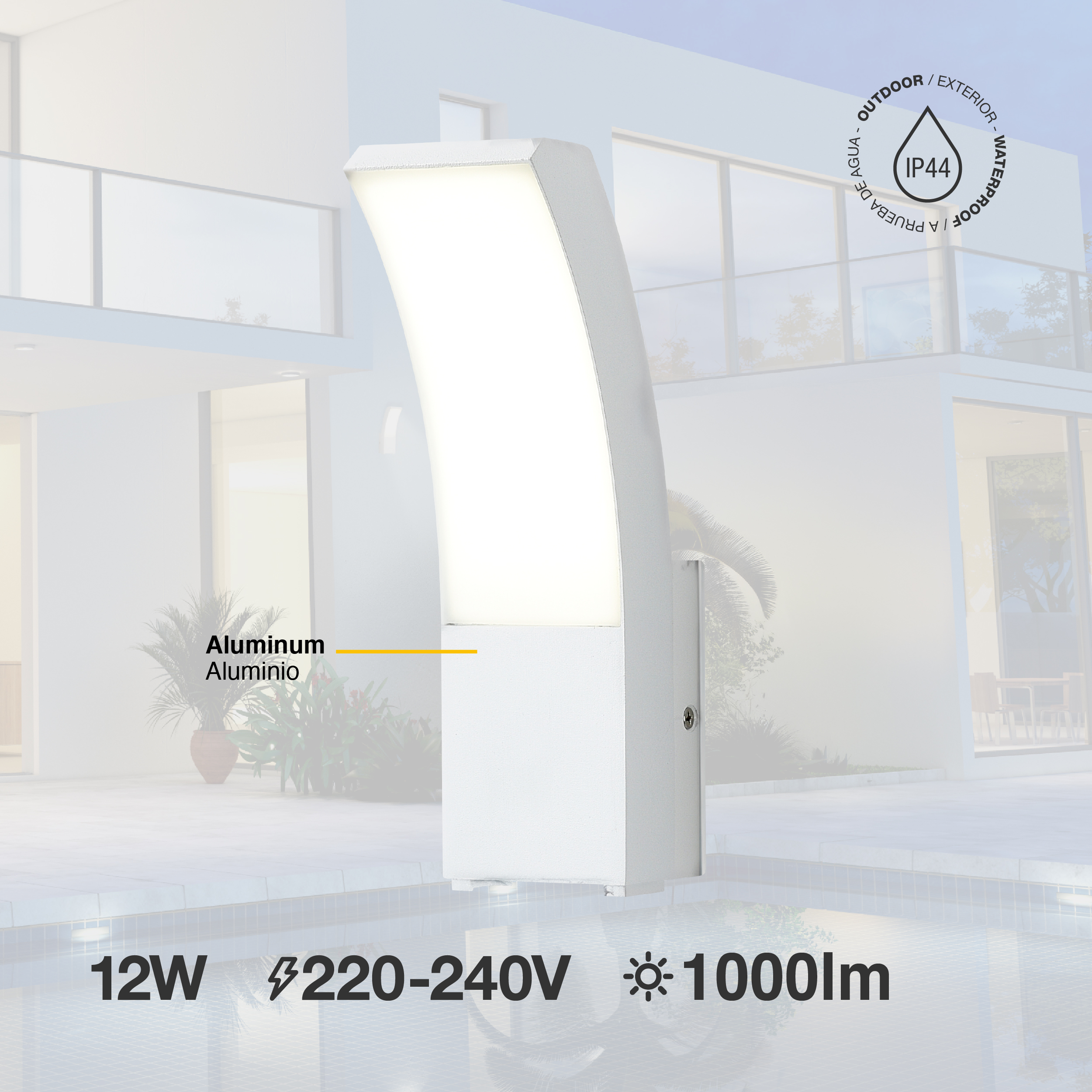 Aplique LED Exterior de Pared Curvo 12W IP65 Blanco 24×16cm 220V Blanco Neutro