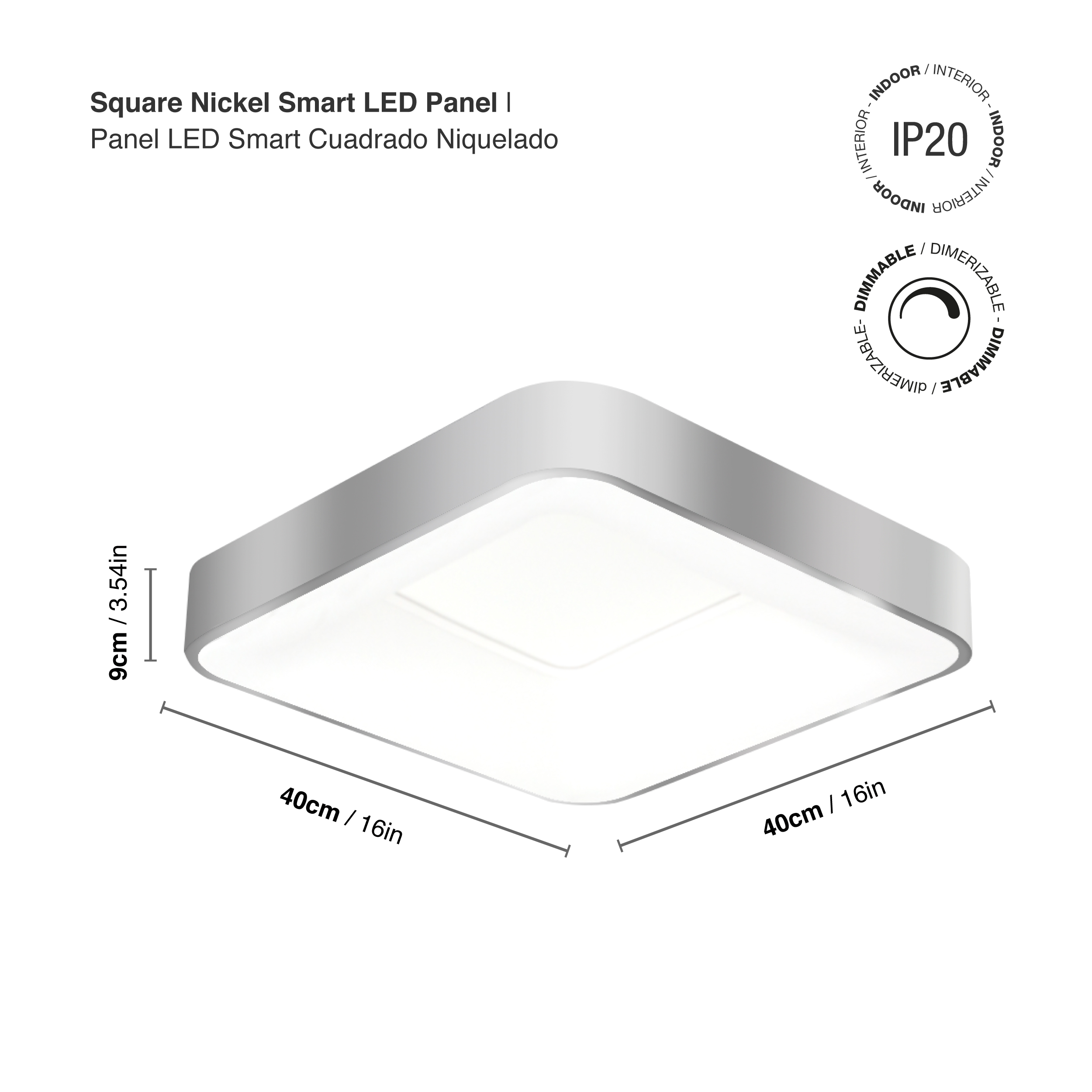 Panel LED Smart Cuadrado Níquel 40x40x9cm 32W 140mA CCT, de Aplicar