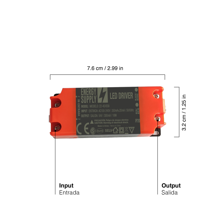 Driver LED, DC 36-54V 18W 300mA, Entrada: AC100-240V