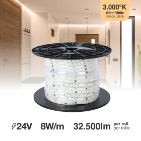 Tira Mini LED SMD2835 IP65 220V 8W/m Cálido 650lm/m 120LEDs/m 50m