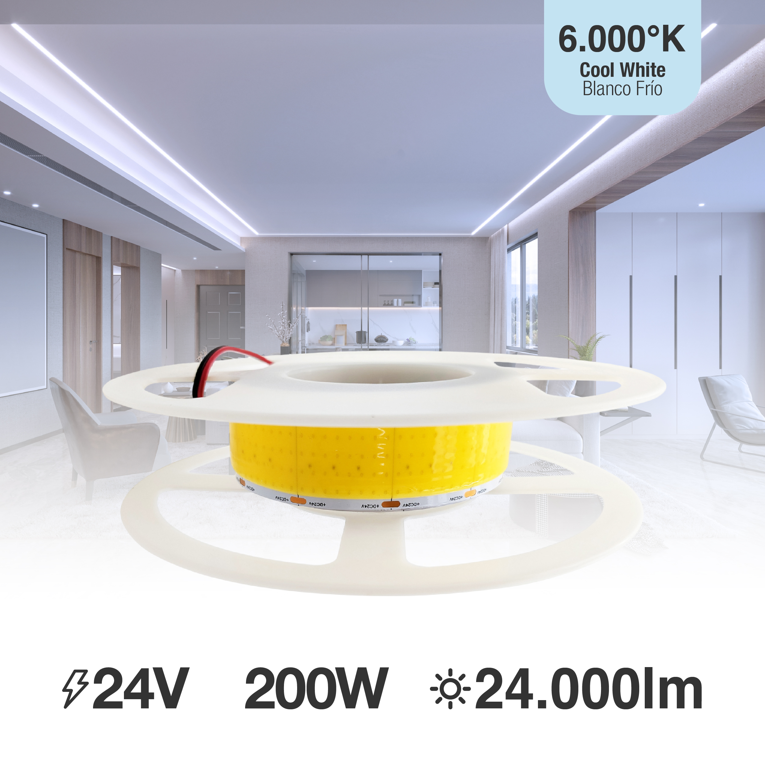 Tira LED COB 24V 40W/m Blanco Frío 4800lm/m 1600 LEDs/m, 30mm PCB IP33 x5m