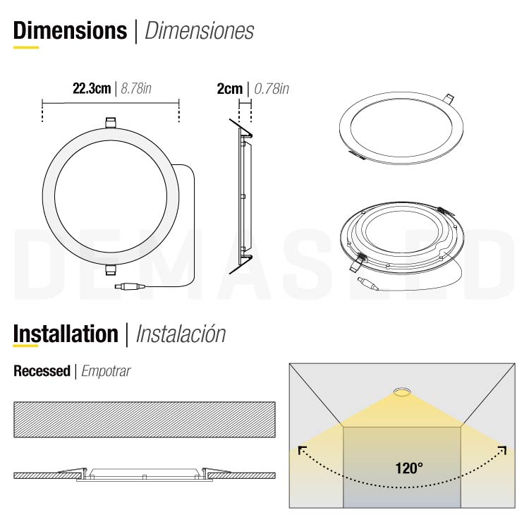 Panel LED Redondo Blanco de 22.3cm 18W 1440lm Cálido, de empotrar