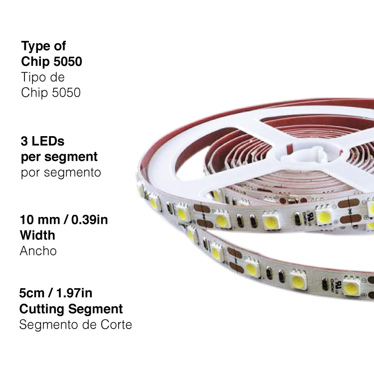 Tira LED SMD5050 12V 12W/m Blanco Cálido 960lm/m, 60 LEDs/m, 5m