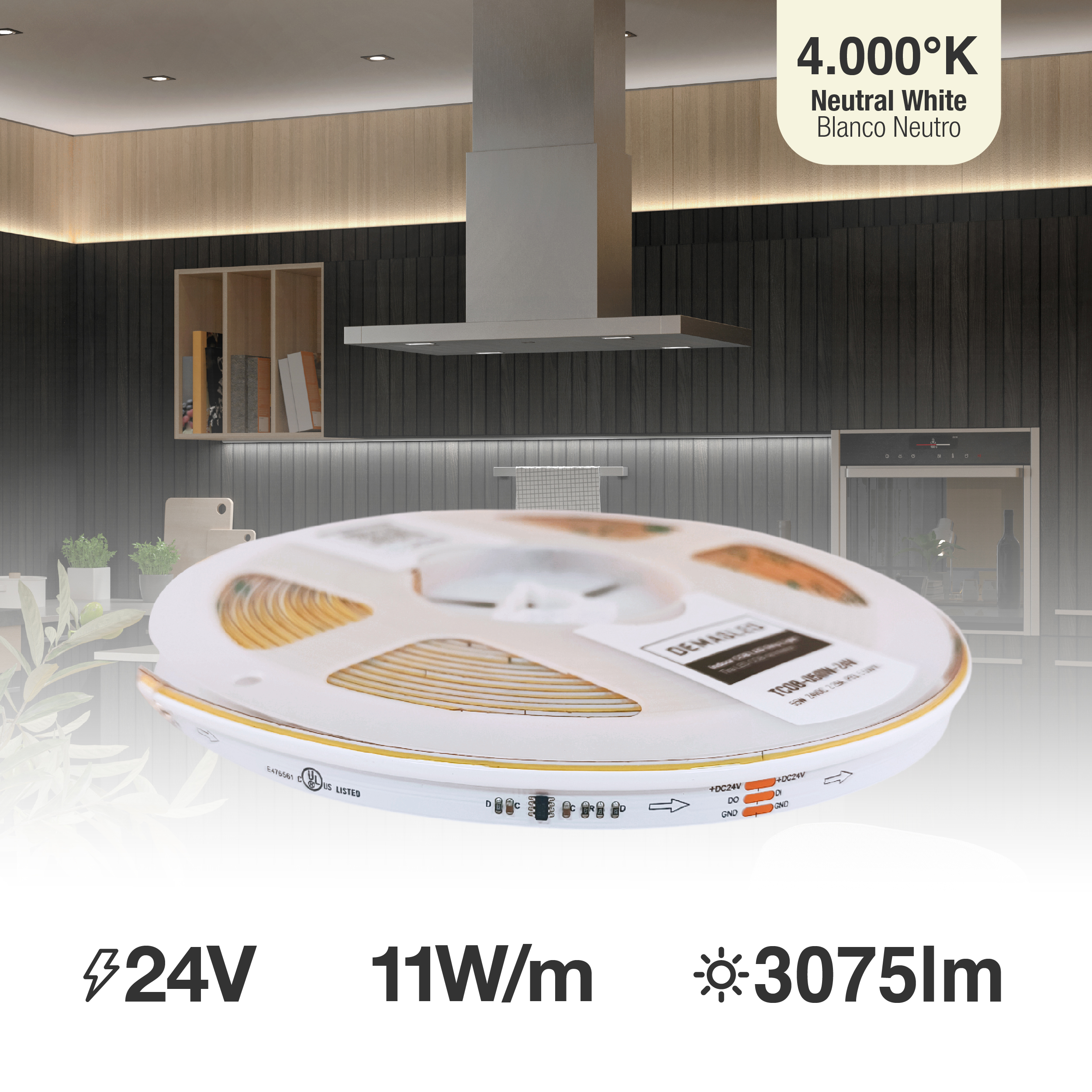 Tira LED COB Programable IC Pixel 24V 11W/m Blanco Neutro 420LEDs/m, 11mm PCB x5m