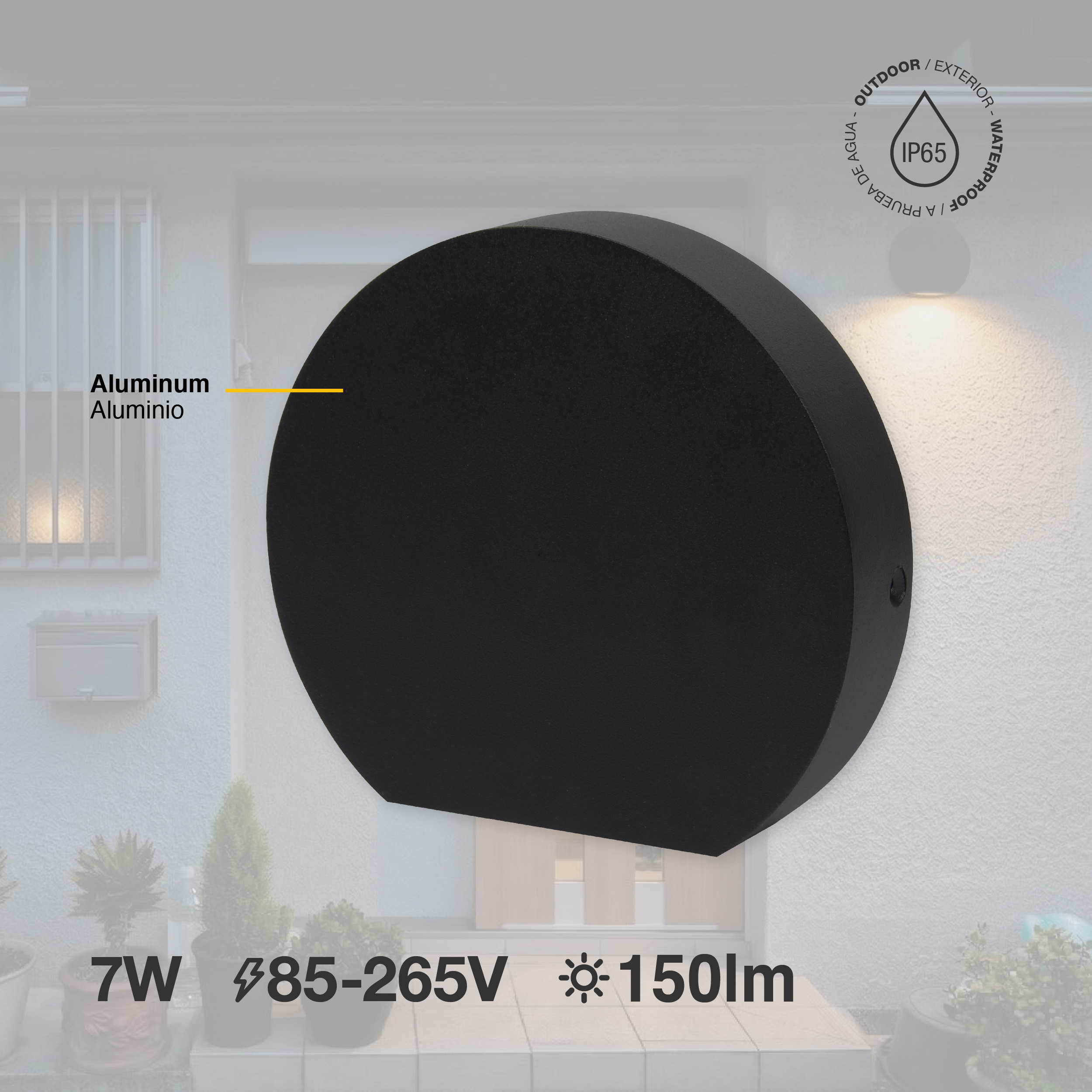 Aplique LED Exterior de Pared Semicircular 7W IP65 Negro 15cm 220V Blanco Calido