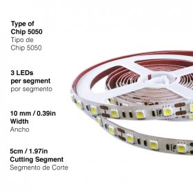 Tira LED SMD5050 12V 12W/m Blanco Cálido 960lm/m, 60 LEDs/m, 5m