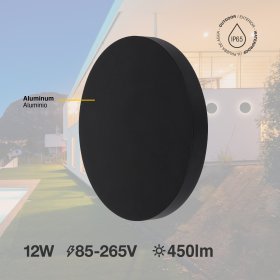 Aplique LED Exterior de Pared Redondo 12W IP65 Negro 15cm 220V Blanco Calido