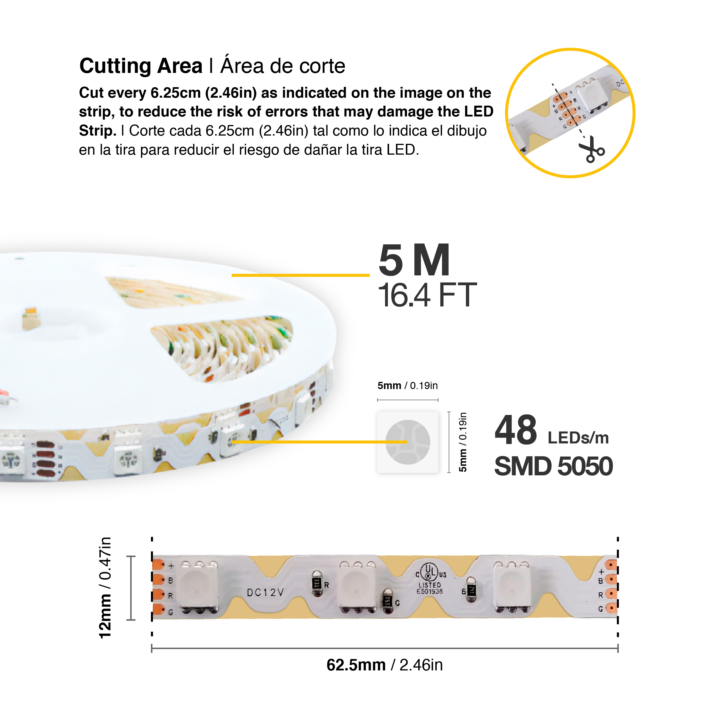 Tira LED Zig-Zag SMD5050, 12V 6.2W/m, RGBW, 540 lm/m 48 LEDs/m, 5m