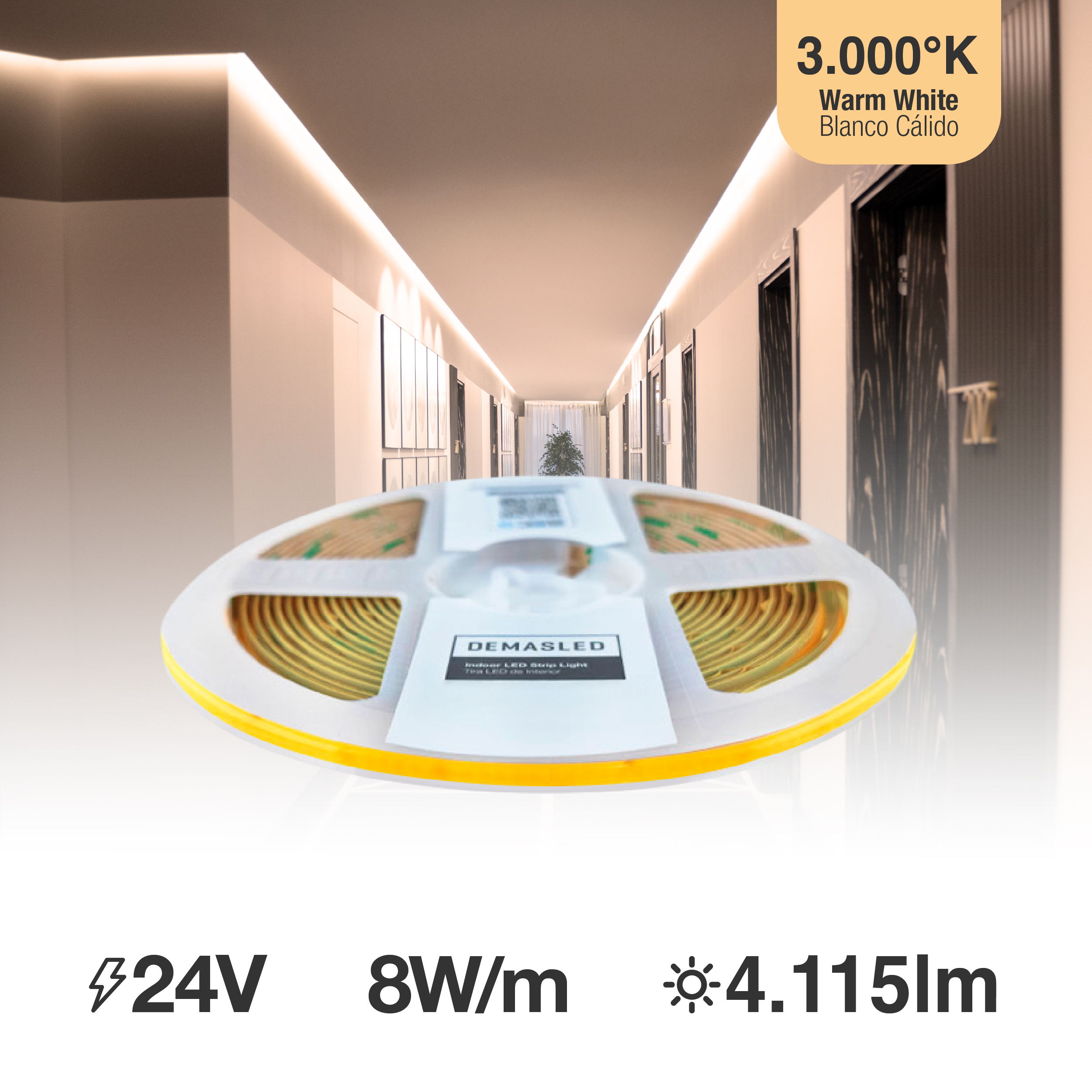 Tira LED COB 24V 8W/m Blanco Cálido 540lm/m 504LEDs/m, 5mm PCB IP33 x5m