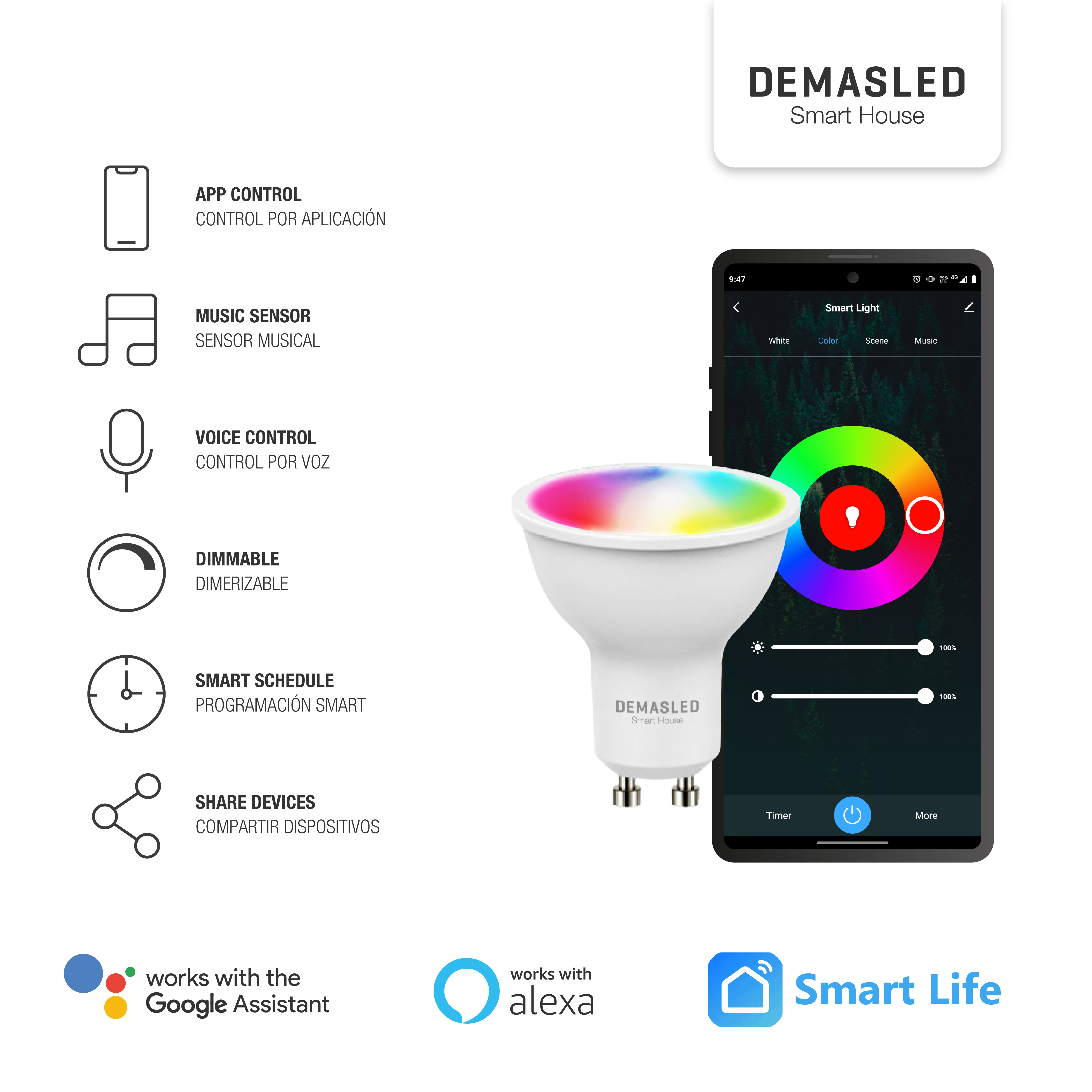 Lámpara LED GU10 5W 65mA 120° RGB-Blanco, 220V