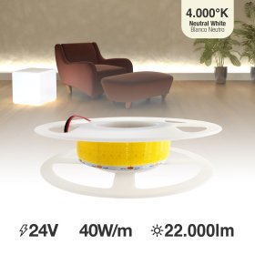 Tira LED COB 24V 40W/m Blanco Neutro 4200lm/m 1600 LEDs/m, 30mm PCB IP33 x5m 
