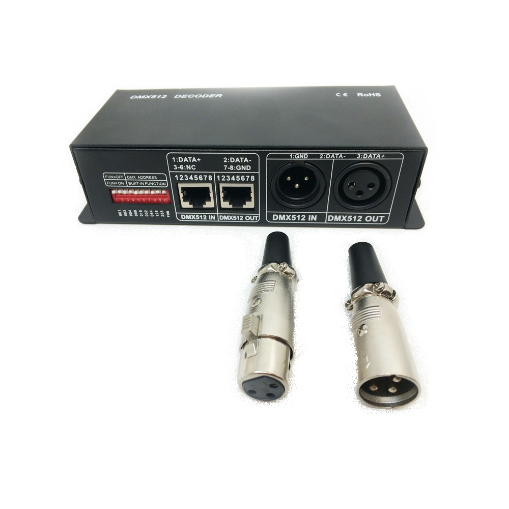 Decodificador DMX-512 RGB PWM, 12-24V 192-348W 16A, 4 canales