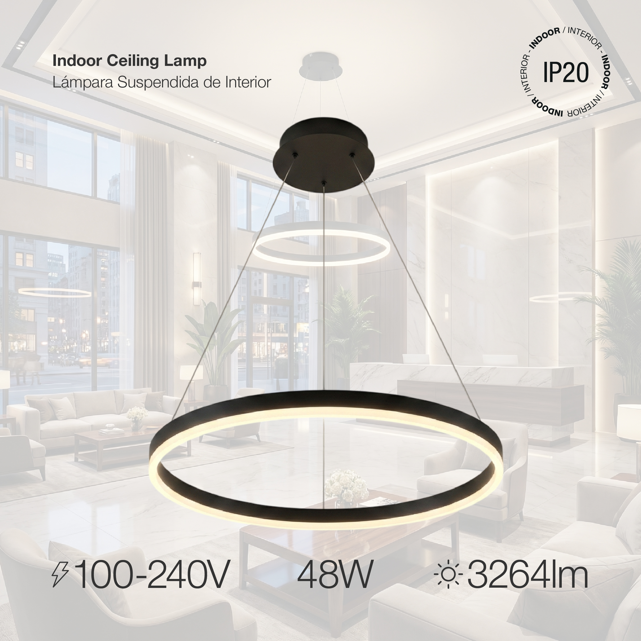 Lámpara LED Suspendida Aro Negro Ø80cm, 48W Blanco Cálido 3000K, 3264lm