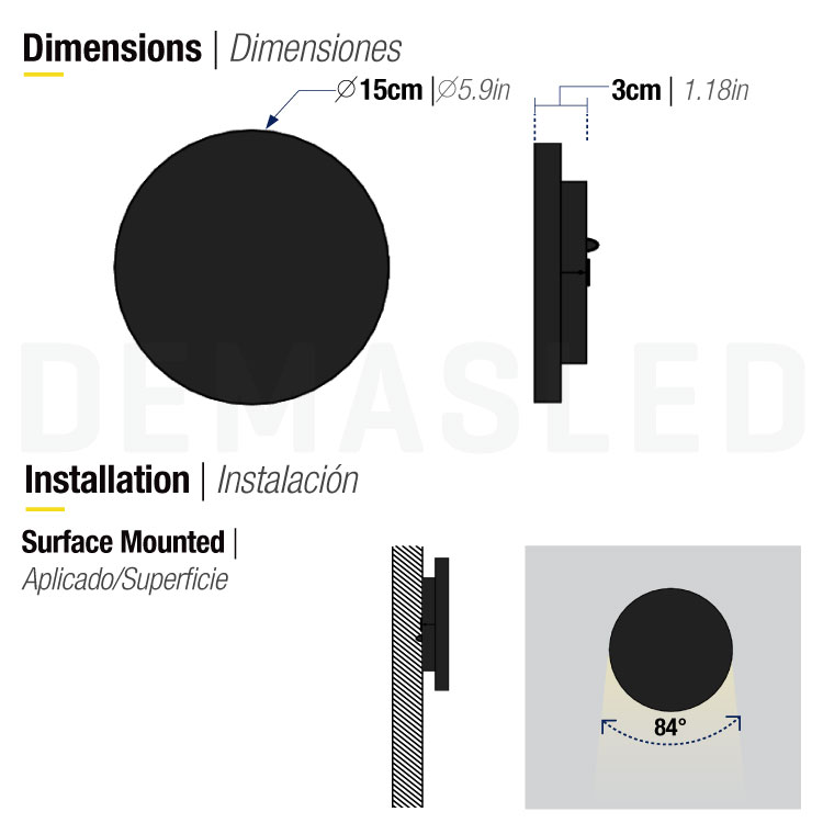 Aplique LED Exterior de Pared Redondo 12W IP65 Negro 15cm 220V Blanco Neutro