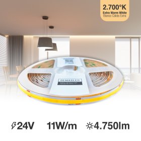 Tira LED COB 24V 11W/m, Blanco superCálido 950lm/m 480 LEDs/m, 8mm, 5m