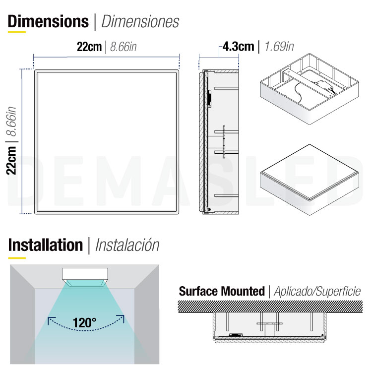 Plafón LED cuadrado FRAMELESS de 22x22cm 42W 3570lm Frío, Aplicar