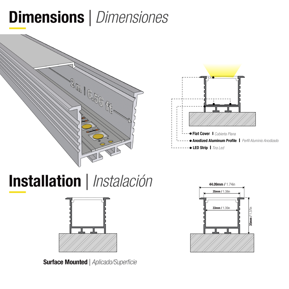 Perfil de Aluminio Linear 35x35mm Anodizado, Cover Opal Blanco x2m