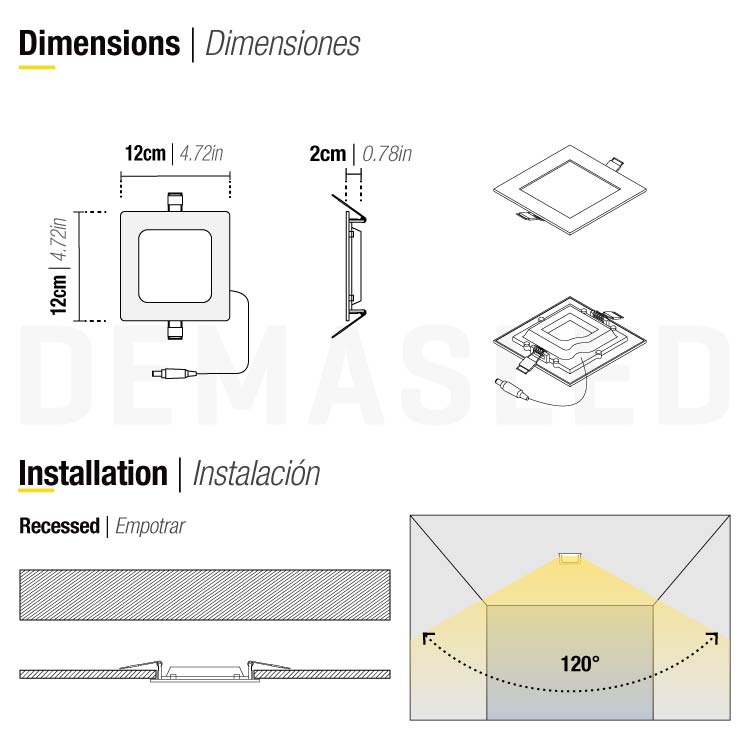 Panel LED cuadrado blanco de 12x12cm 6W 290lm Cálido De Embutir