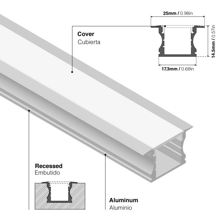 Perfil de Aluminio de Embutir 15x17mm Anodizado, Cover Opal Blanco x2m