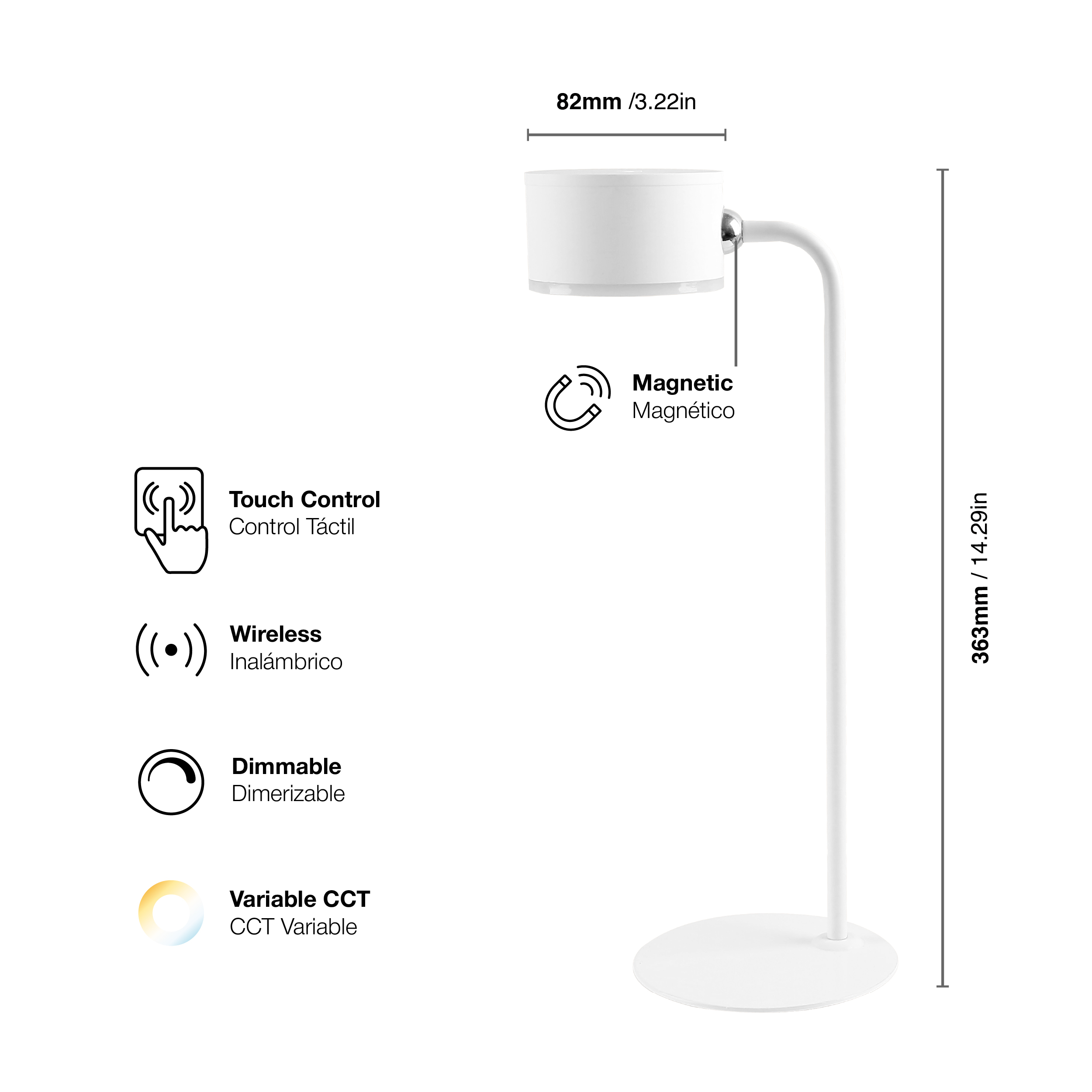 Lámpara Velador Magnético Blanco 3W CCT Batería Recargable 1200mAh