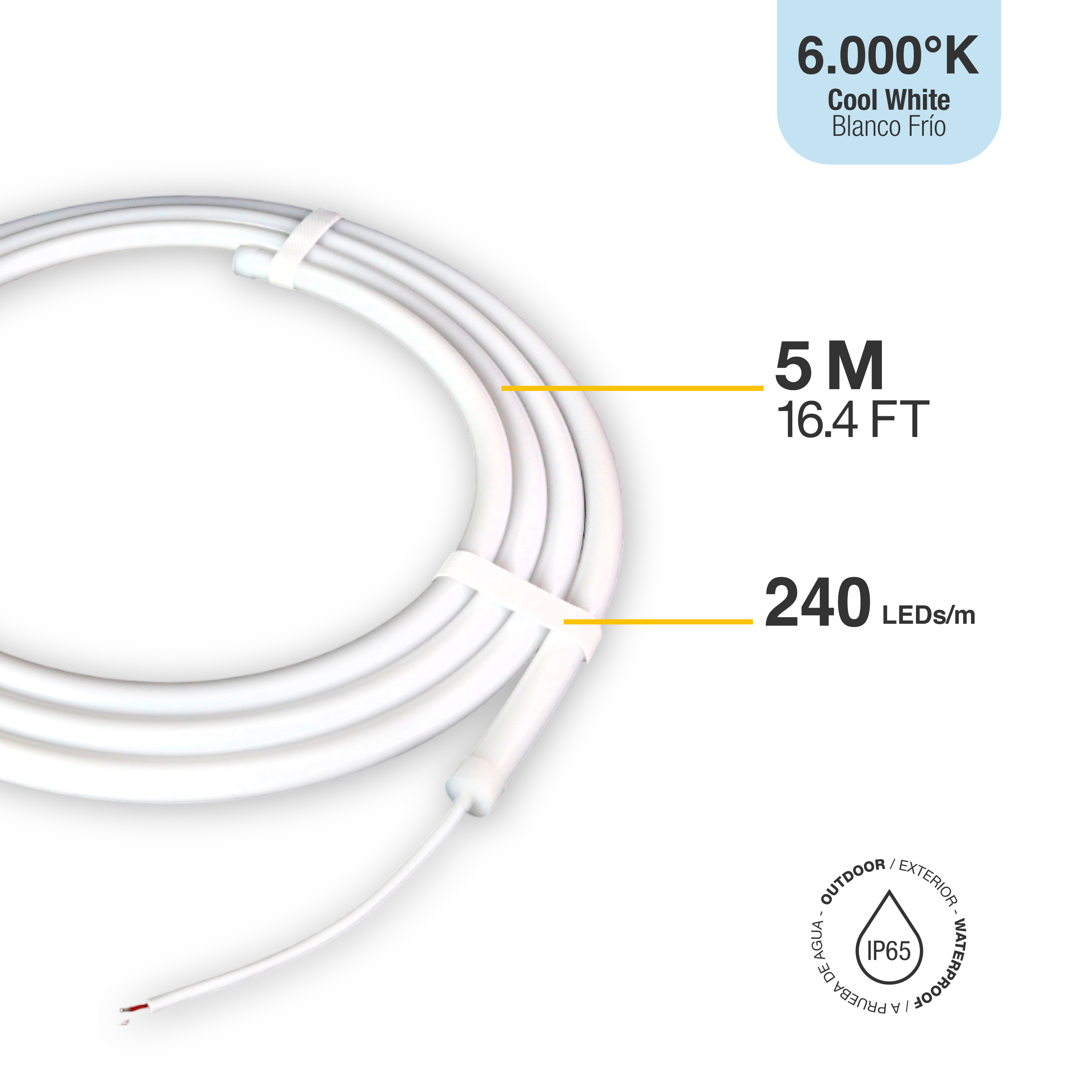 Tira LED SMD2835 con recubierta de Silicona, 24V 24W/m, Blanco Frío 6000K 240LEDs/m, 5m