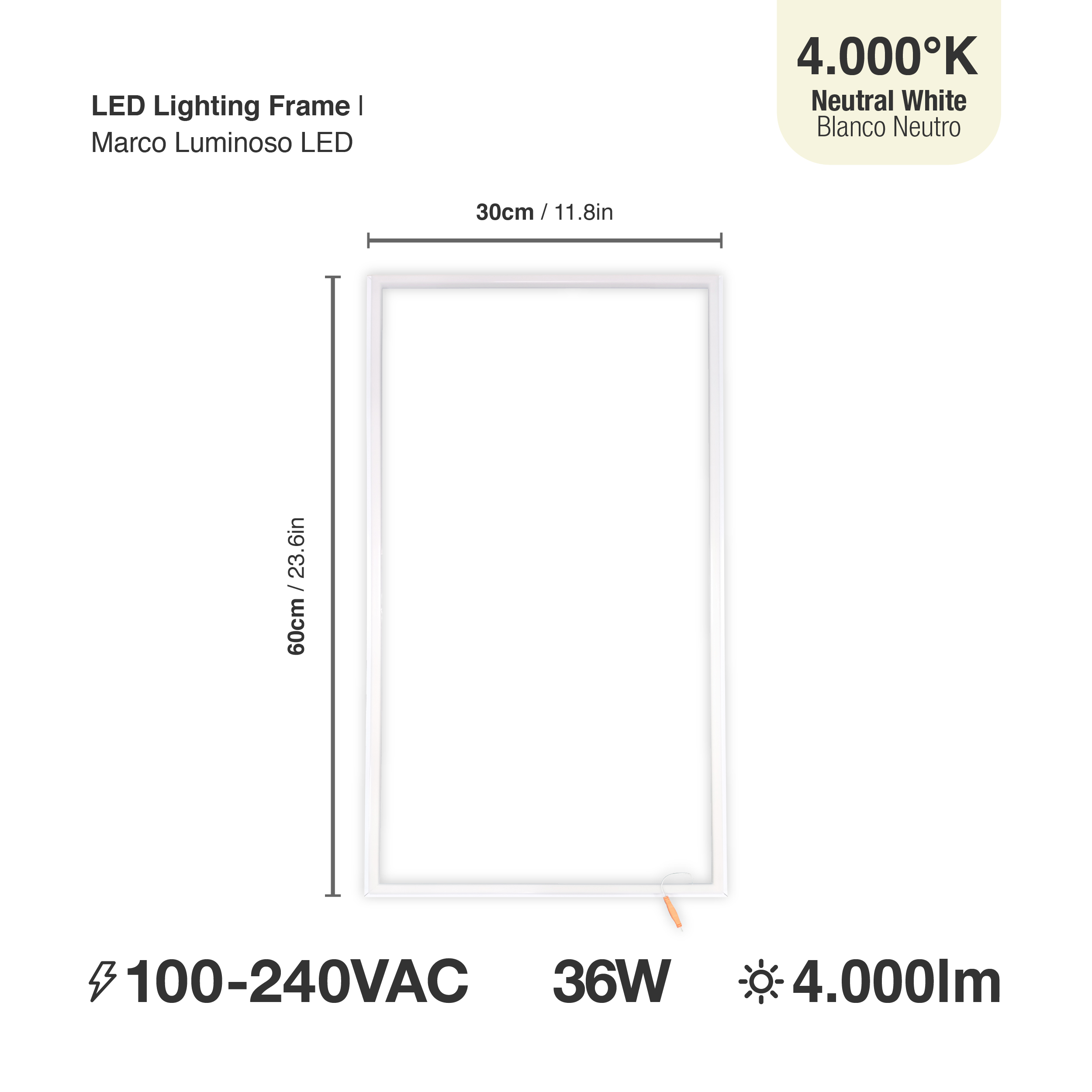 Marco Luminoso LED de 60x30cm 36W 4000lm blanco Neutro 4000K