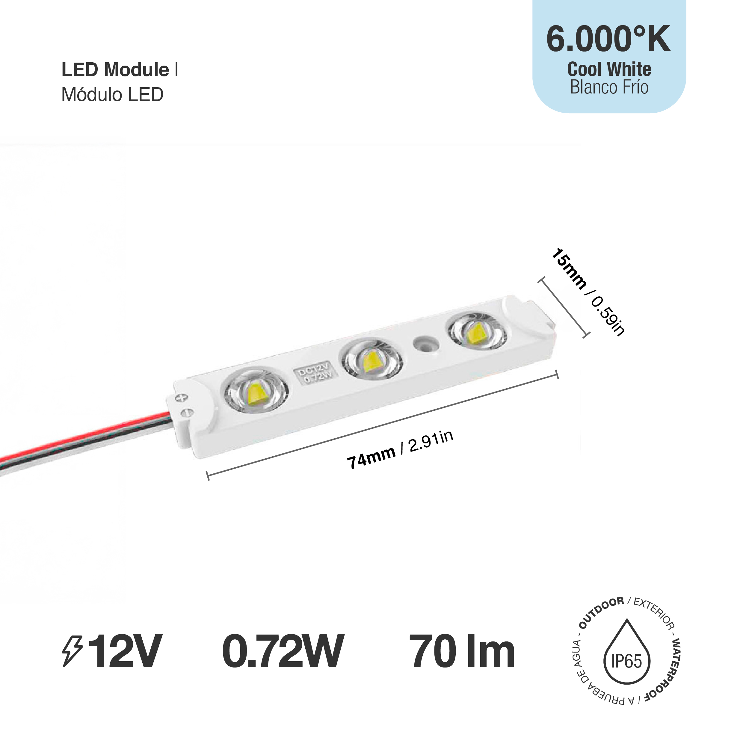 Módulo LED SMD2835, Frío 70Lm 6500K 3 LEDs 12V 0.72W Exterior IP65