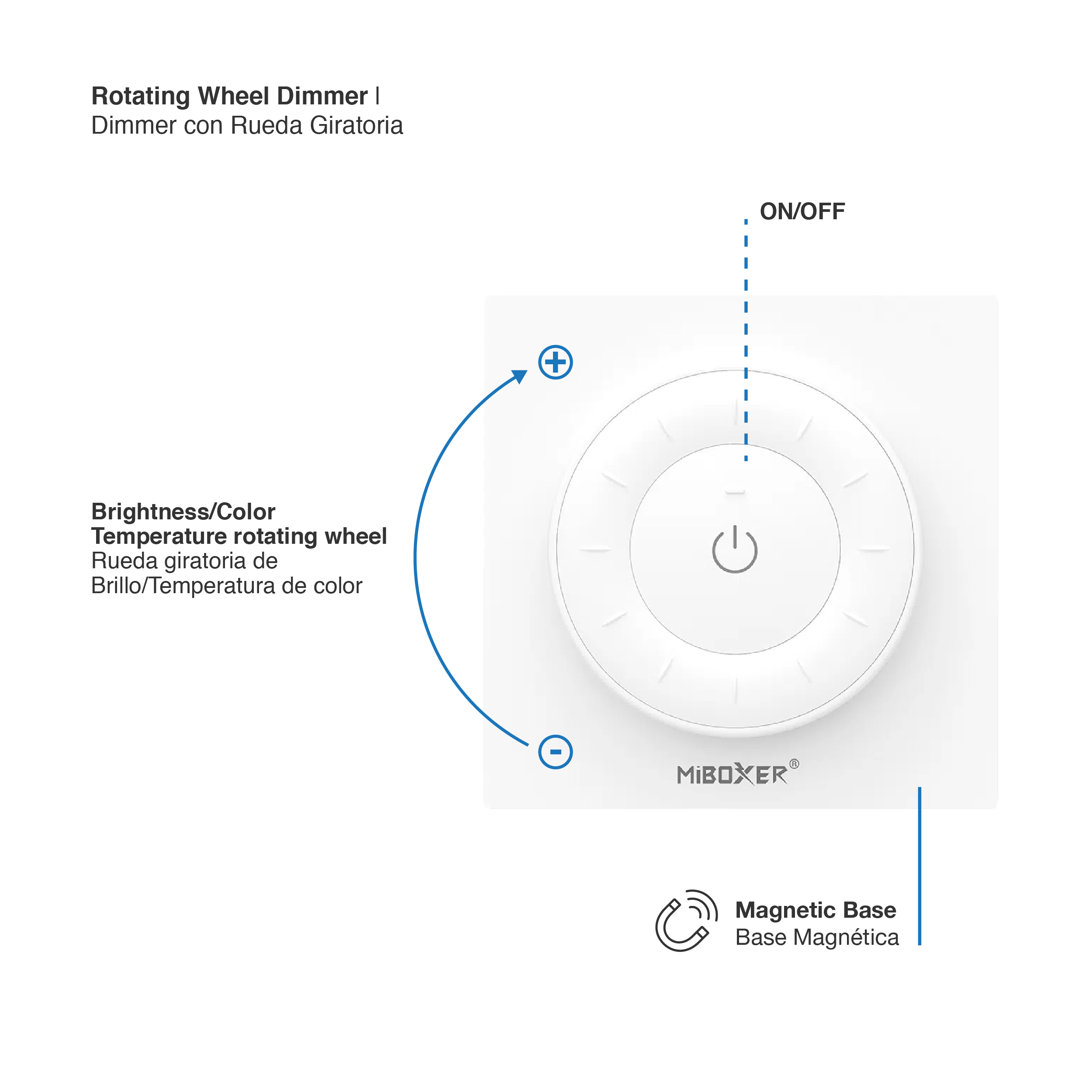 Control Remoto Dimmer Giratorio con Base Magnética 3V 2.4GHz, Blanco