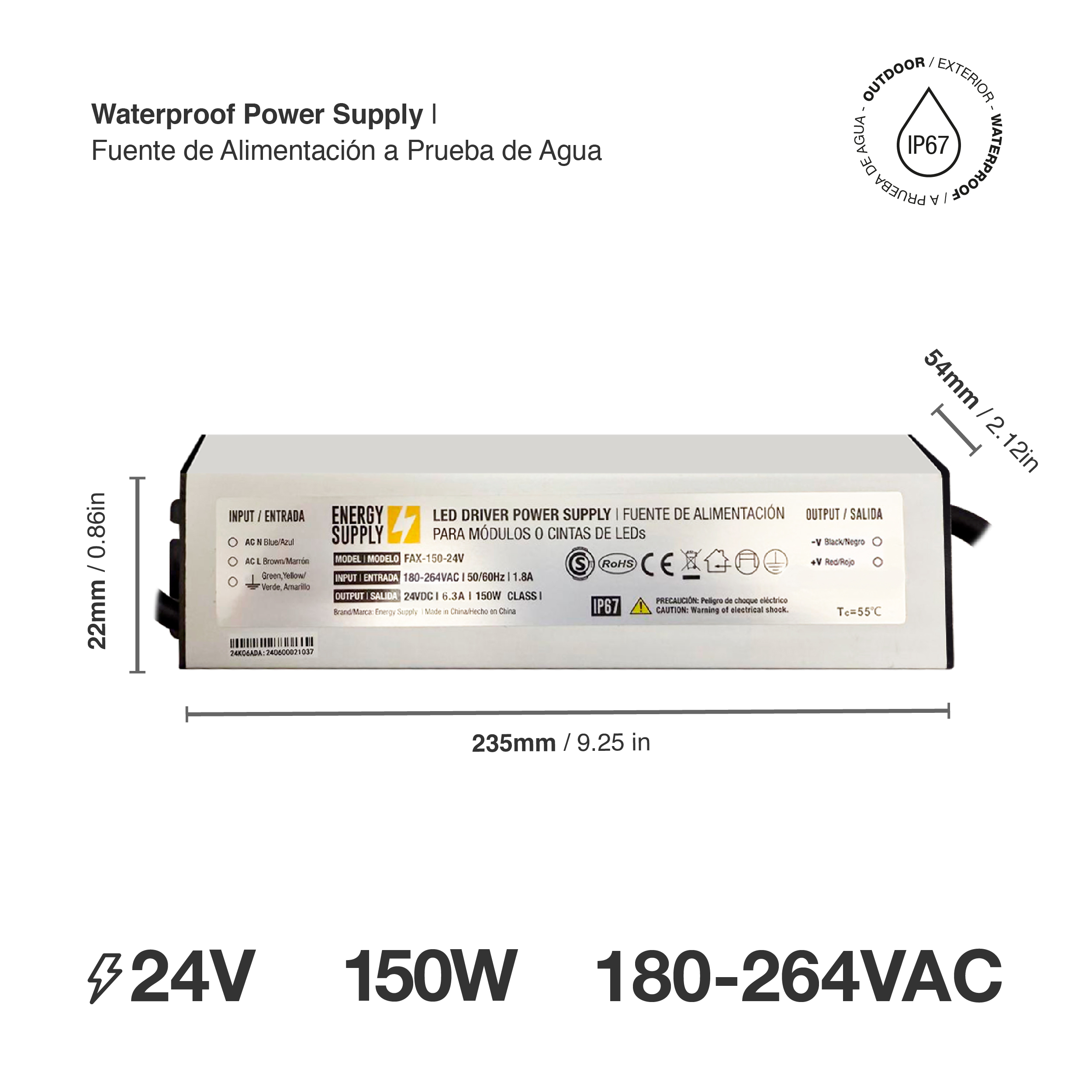 Fuente Switching 24V 6.3A 151W, 180-264VAC Exterior IP67