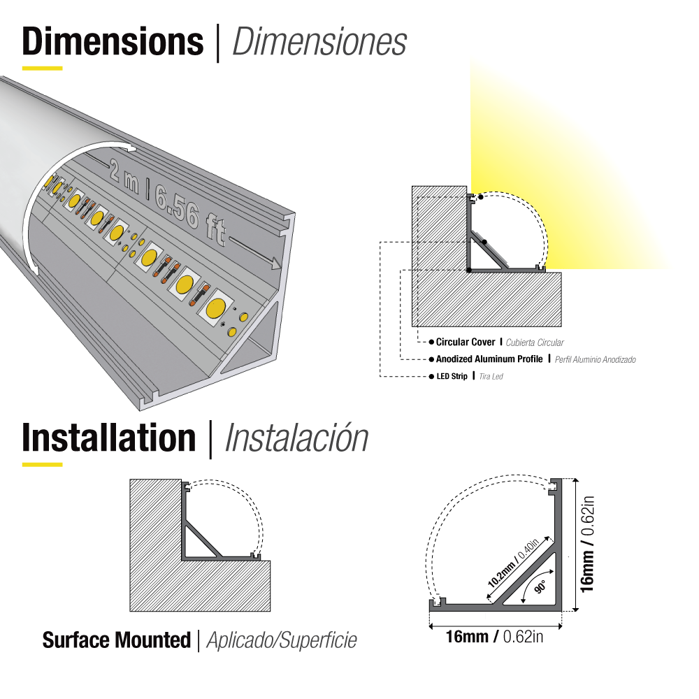 Perfil de Aluminio Esquinero 16x16mm Anodizado, Cover Curvo Transparente x1m
