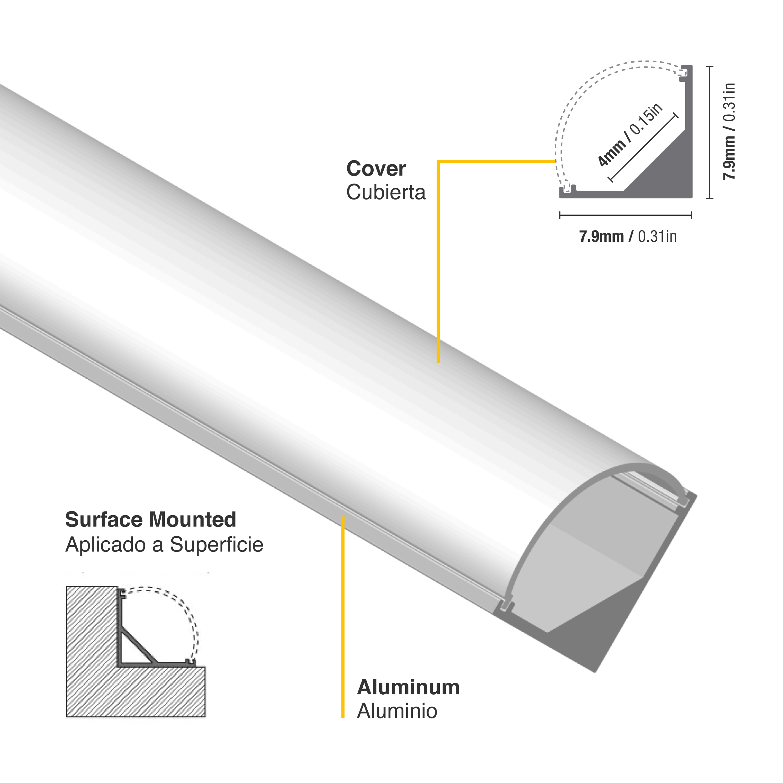 Perfil de Aluminio Esquinero 7,4x7,4mm Anodizado, Cover Opal Curvo Blanco x1m
