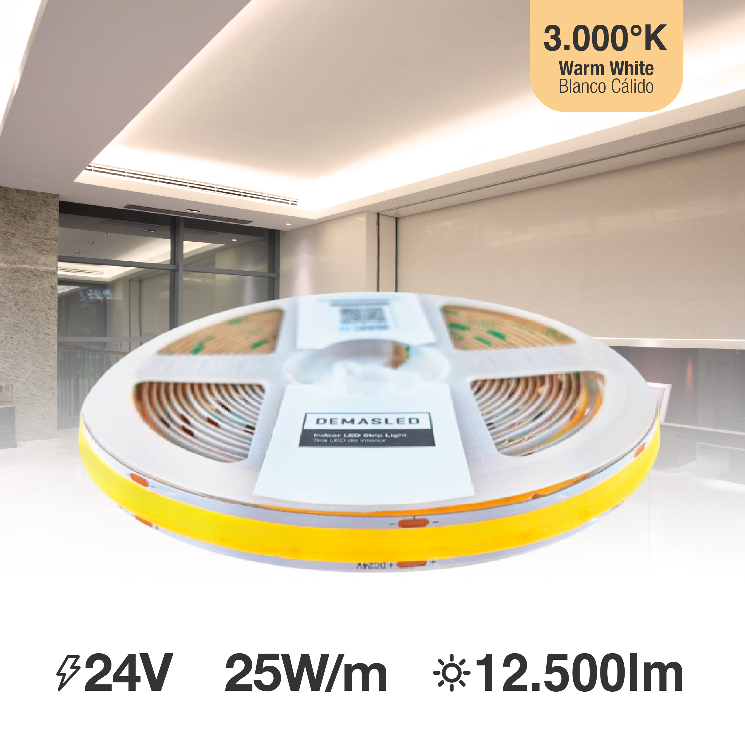 Tira LED COB 24V 25W/m Blanco Cálido 2500lm/m 960 LEDs/m, 15mm PCB IP33 x5m