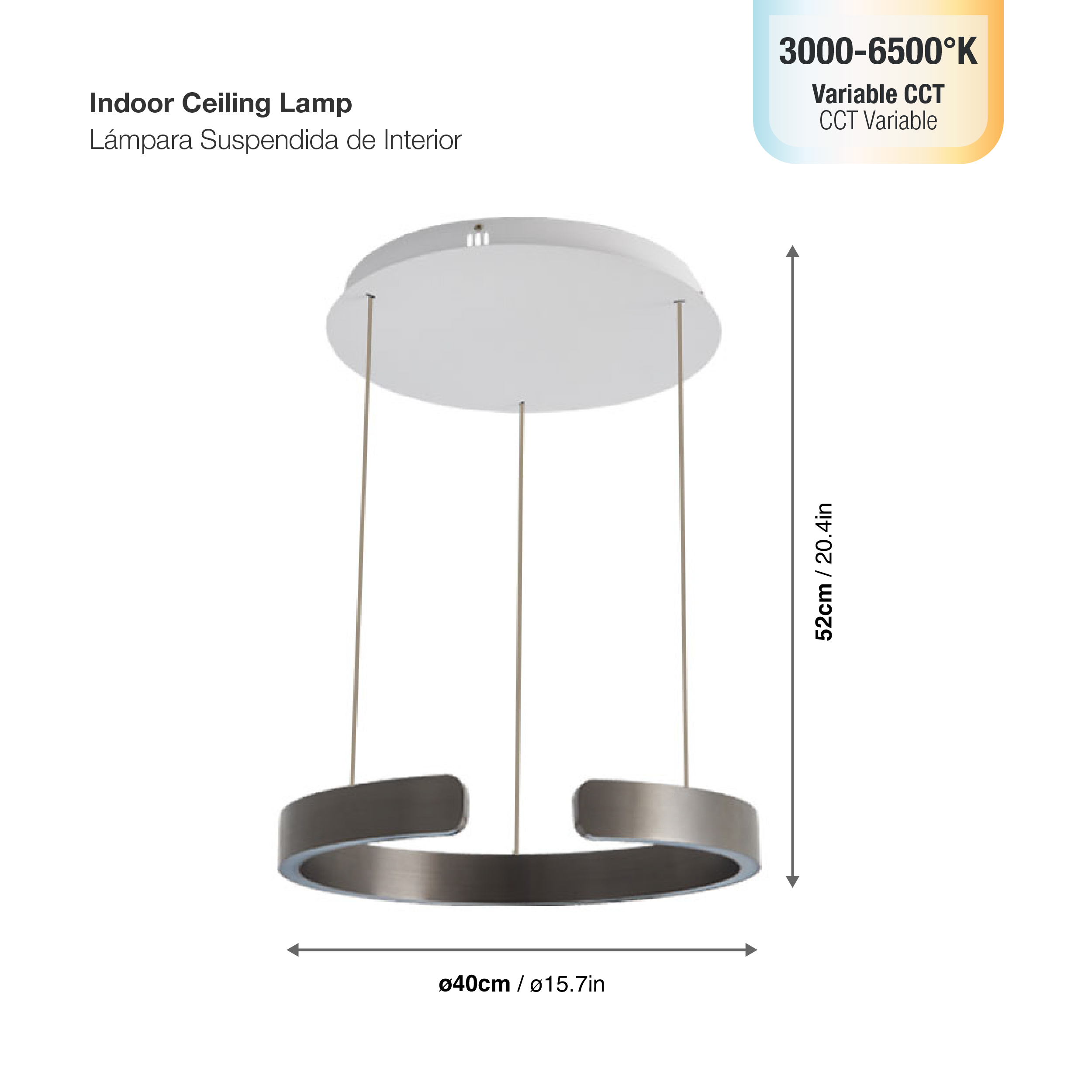 Lámpara LED Suspendida Titanio Negro, Ø40x52cm, 28W CCT Variable 3000-6500K