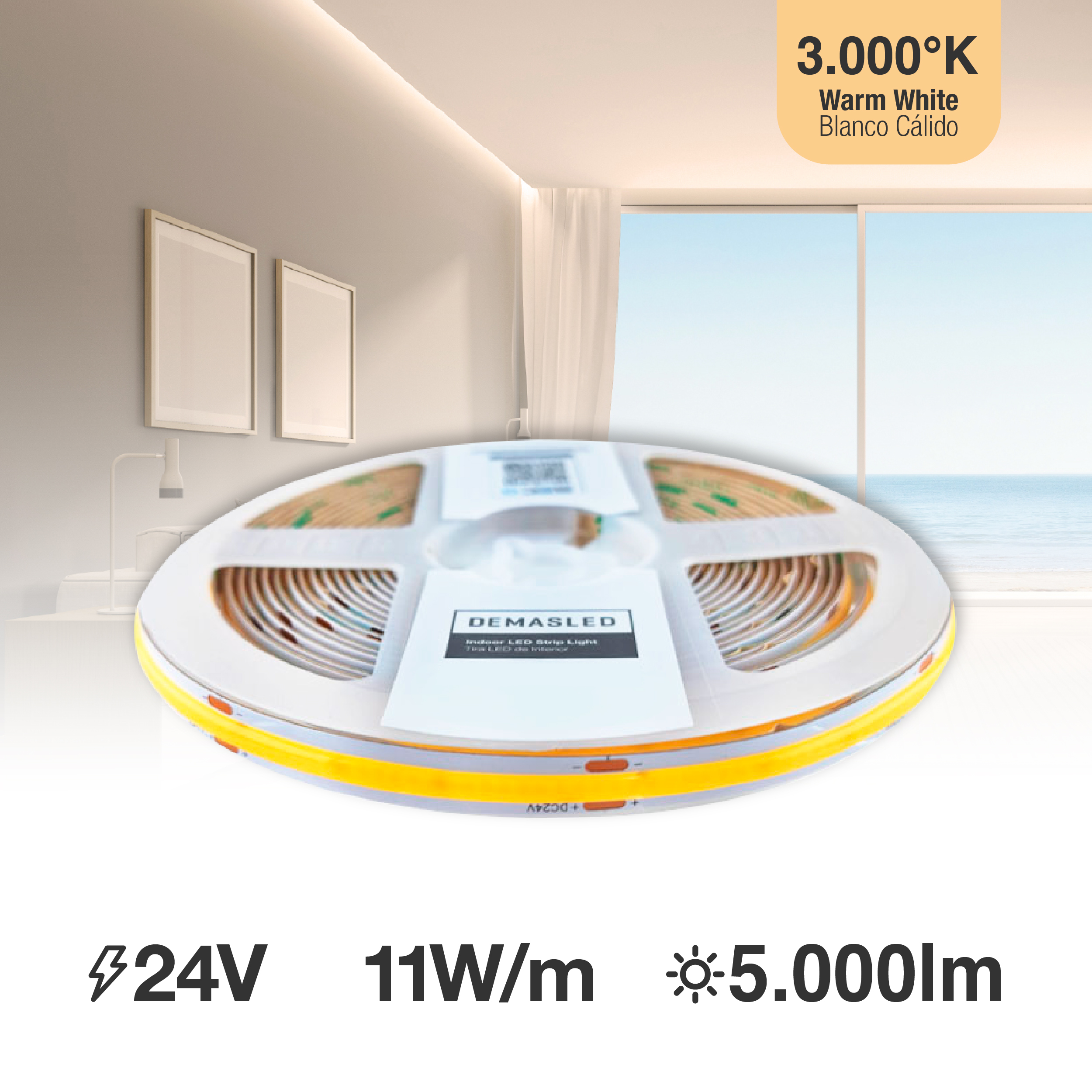 Tira LED COB 24V 11W/m, Blanco Cálido 1000lm/m 480LEDs/m, 8mm, x40cm