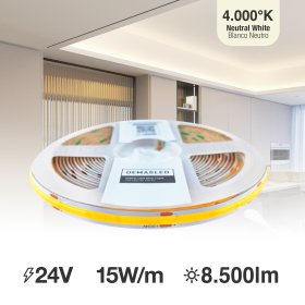 Tira LED COB 24V 15W/m Blanco Neutro 1700lm/m 528 LEDs/m, 10mm PCB IP33 x5m