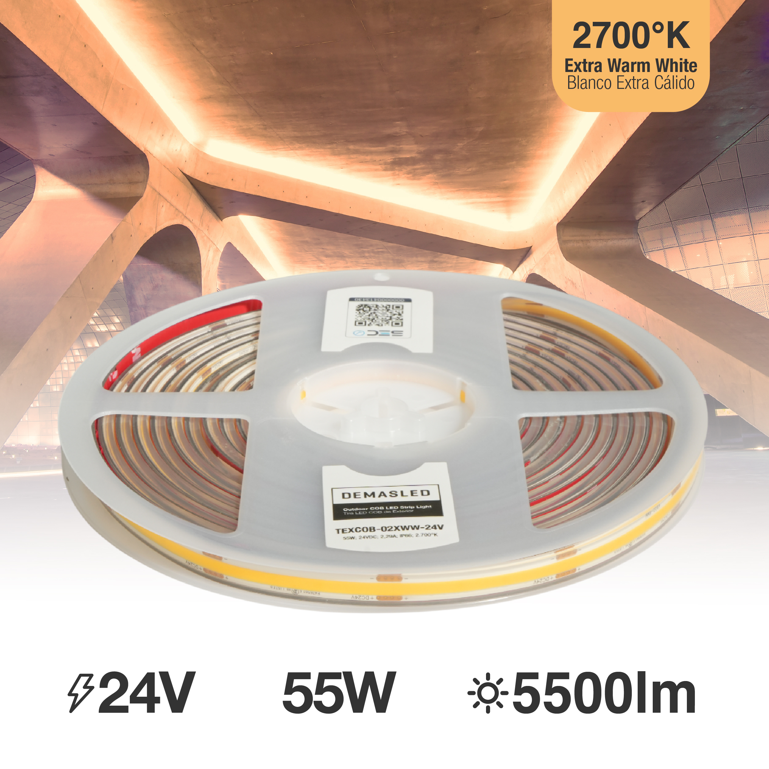 Tira LED COB 24V 11W/m Blanco Cálido 891lm/m 480 LEDs/m 11mm IP68, 5m