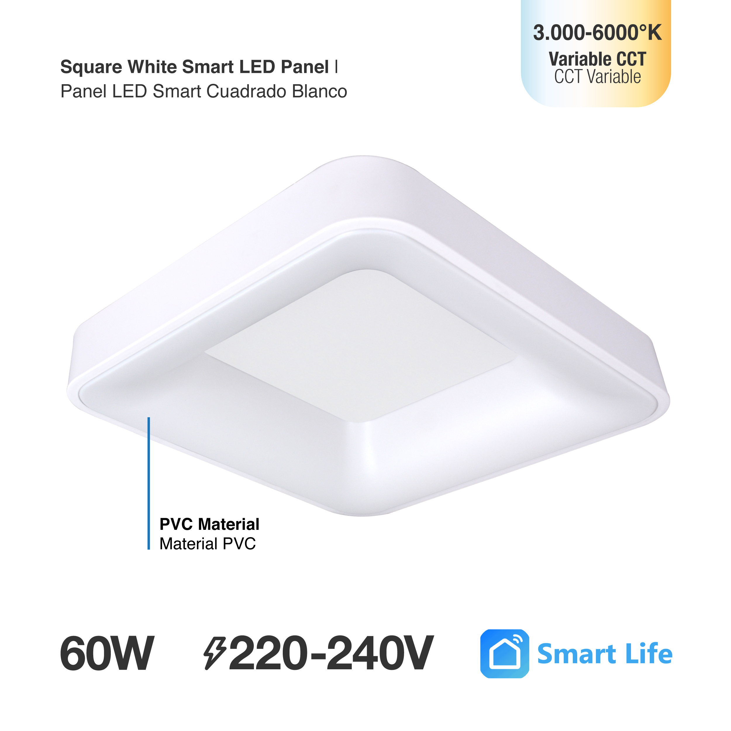 Panel LED Smart Cuadrado Blanco 60x60x9cm 60W 270mA CCT, de Aplicar