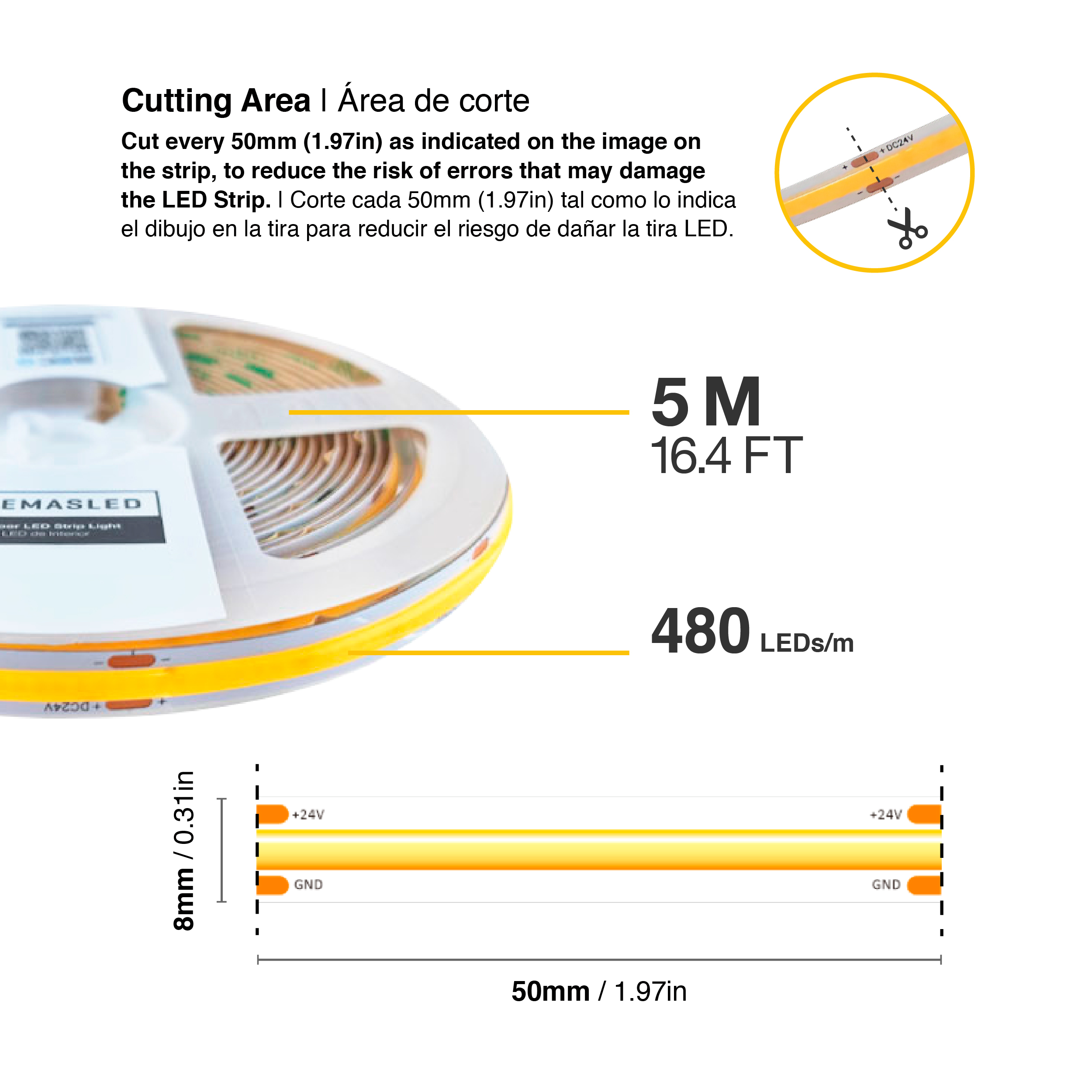Tira LED COB 12V 11W/m, Blanco Cálido 1000lm/m 480LEDs/m, 8mm, 5m