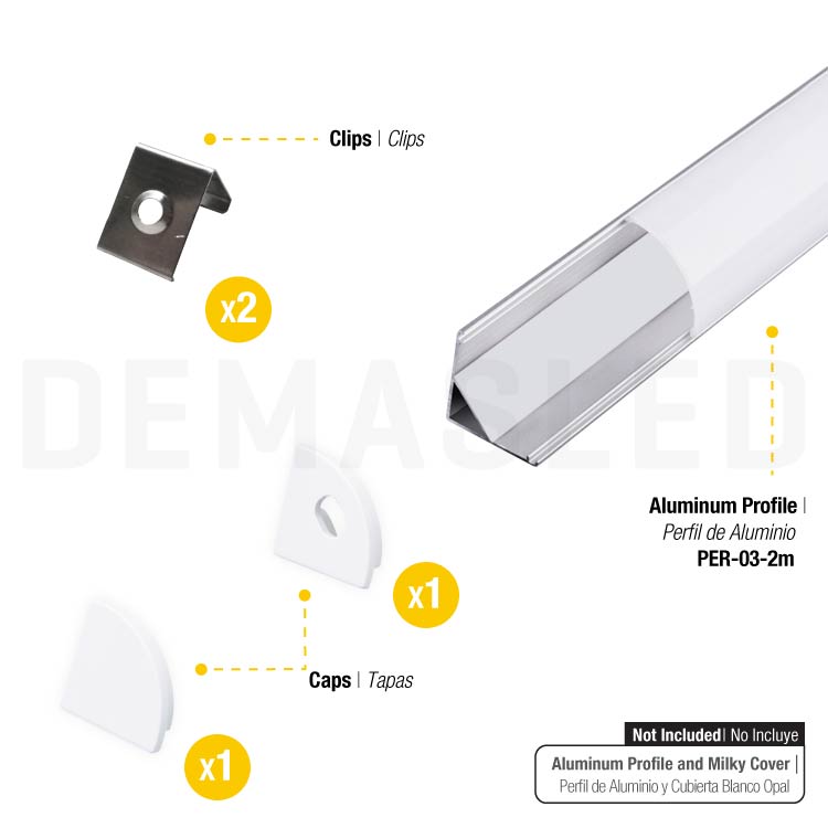 Kit de 2 tapas y 2 clips para perfil de aluminio, PER-03-2M
