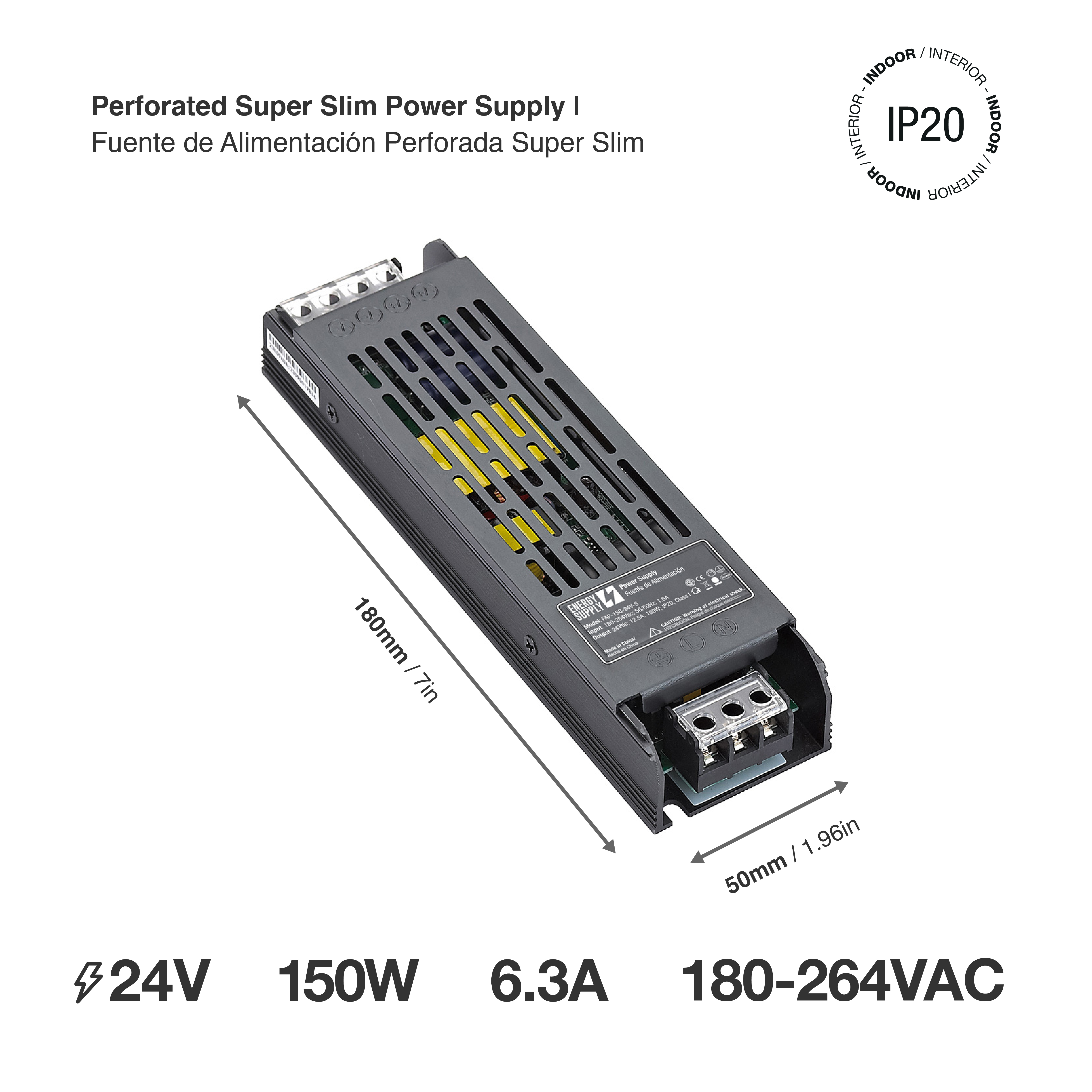 Fuente de alimentación perforada. SUPER Slim energy supply 150W-24v. 180-264vac. 150w. 6,3 amps. 24v