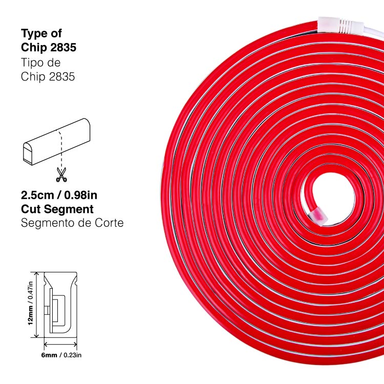 Tira LED de Neón SMD2835 IP67 12V 6W/m Rojo 120 LED/m 5m