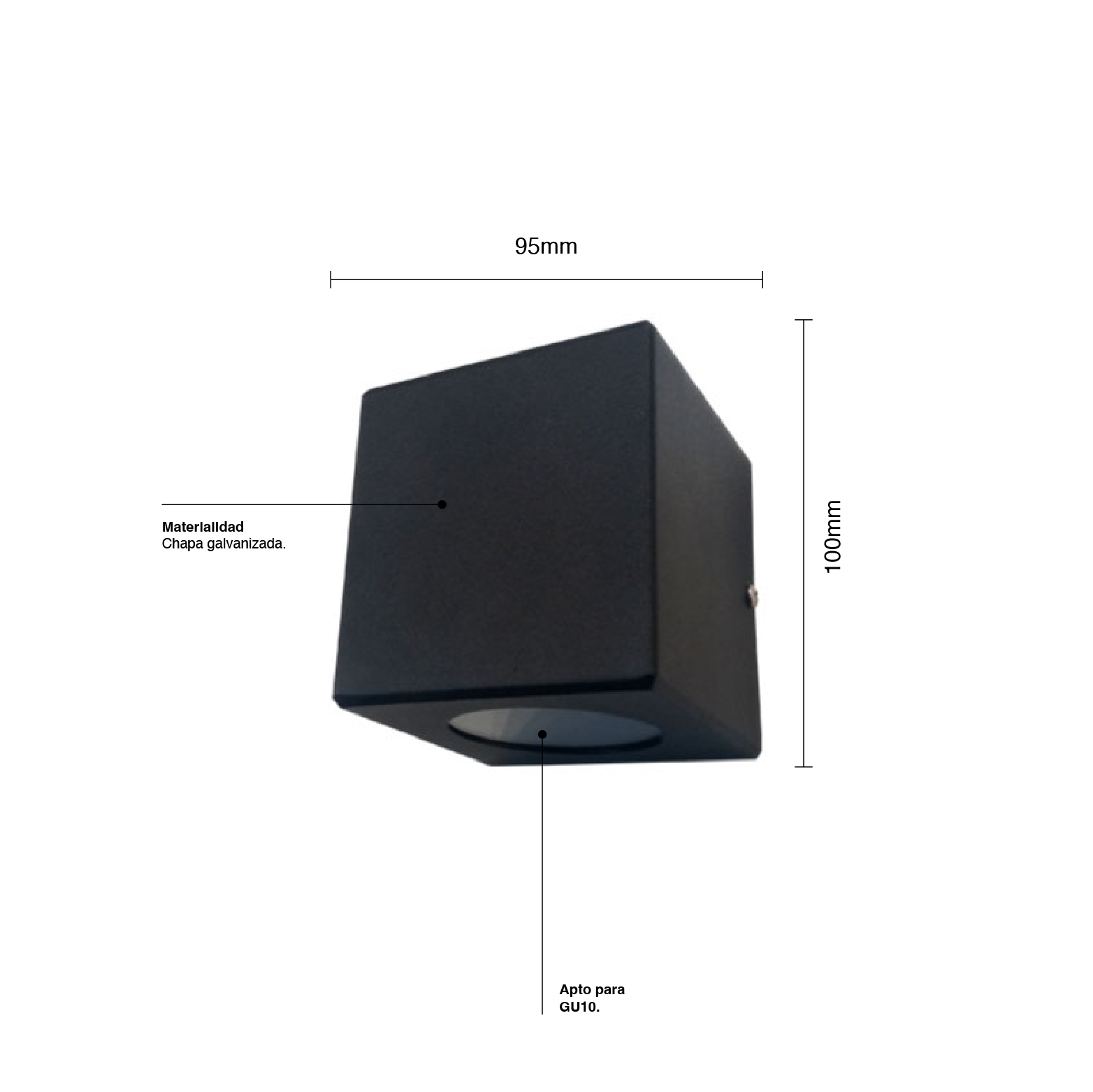 Aplique MÓNACO Exterior Negro Unidireccional para Dicroica GU10 95x95x102mm