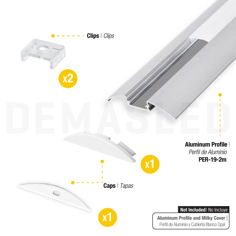 Kit de 2 tapas y 2 clips para perfil de aluminio, PER-19-2M