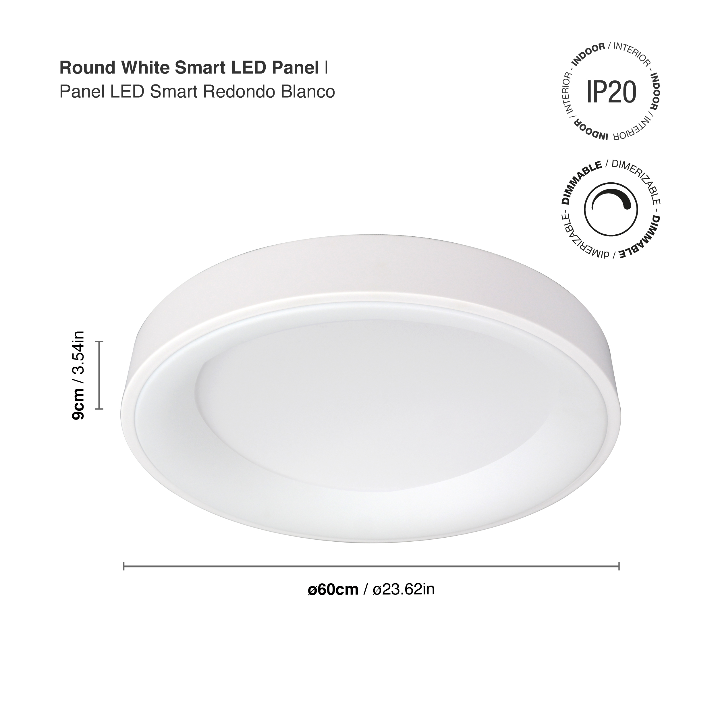 Panel LED Smart Redondo Blanco Ø60x9cm 60W 270mA CCT, de Aplicar