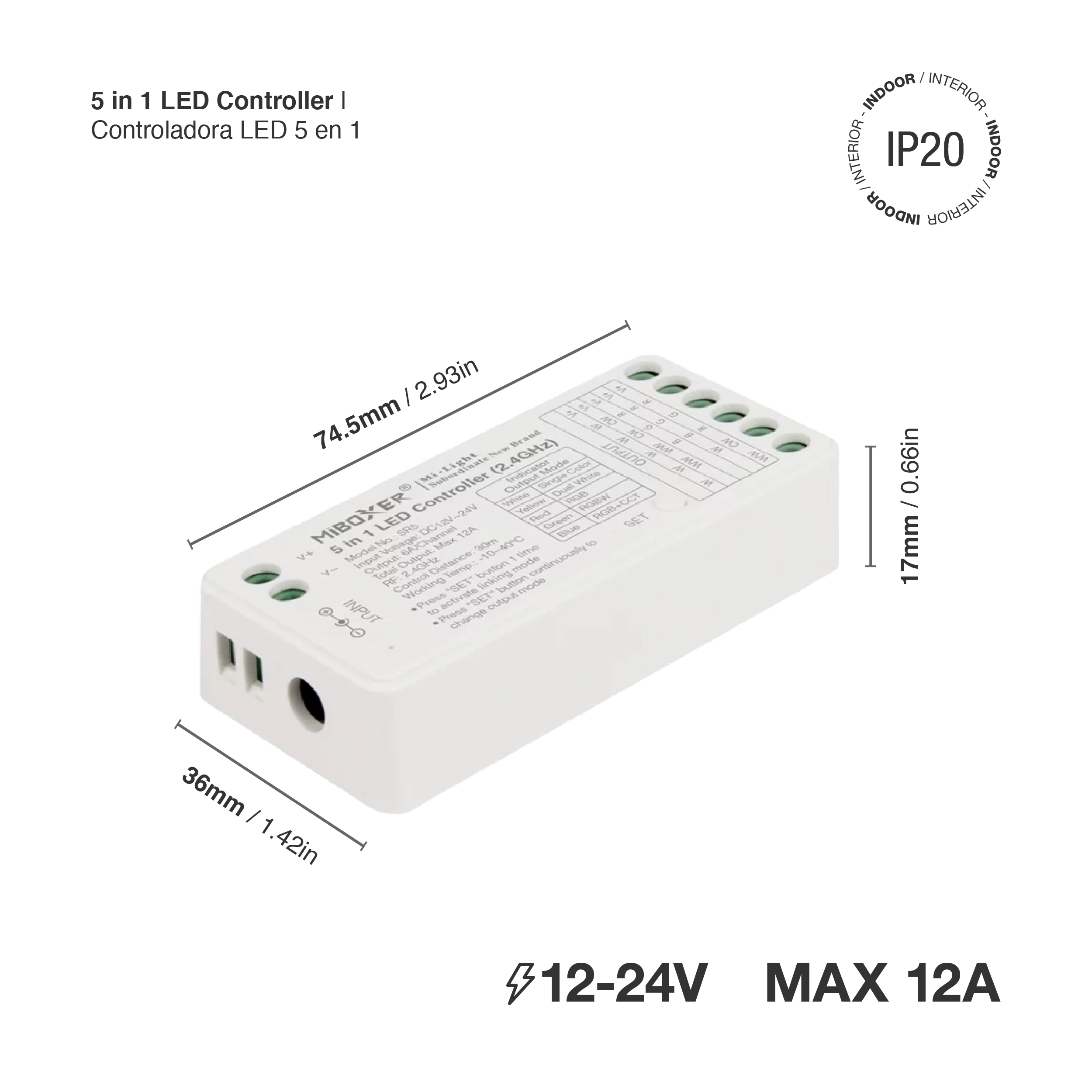 Controlador LED 5 en 1 12A máx. 12-24V 2,4GHz RF