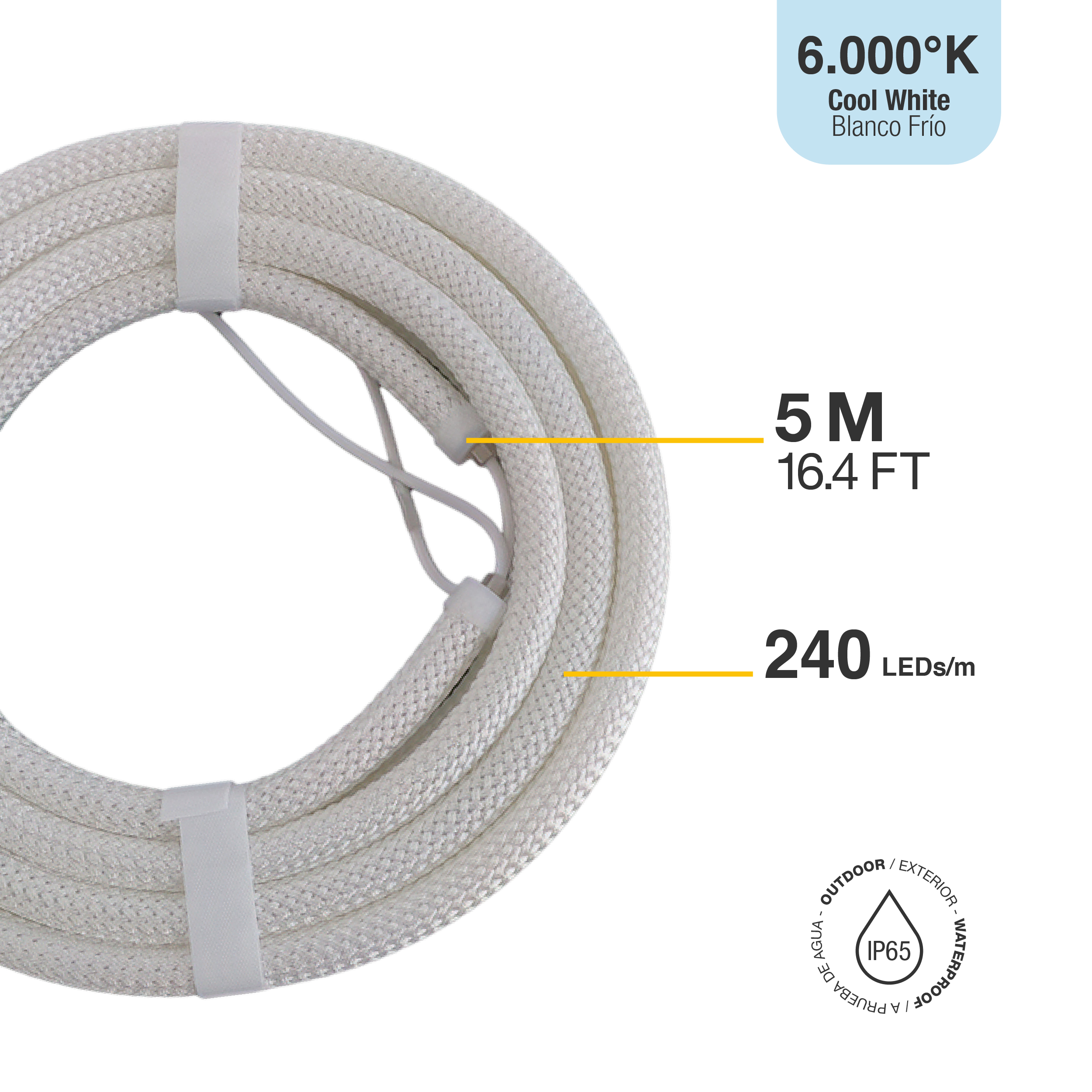 Tira LED Neón Flexible SMD2835, 24V 24W/m, Blanco Frío 240LEDs/m, 5m