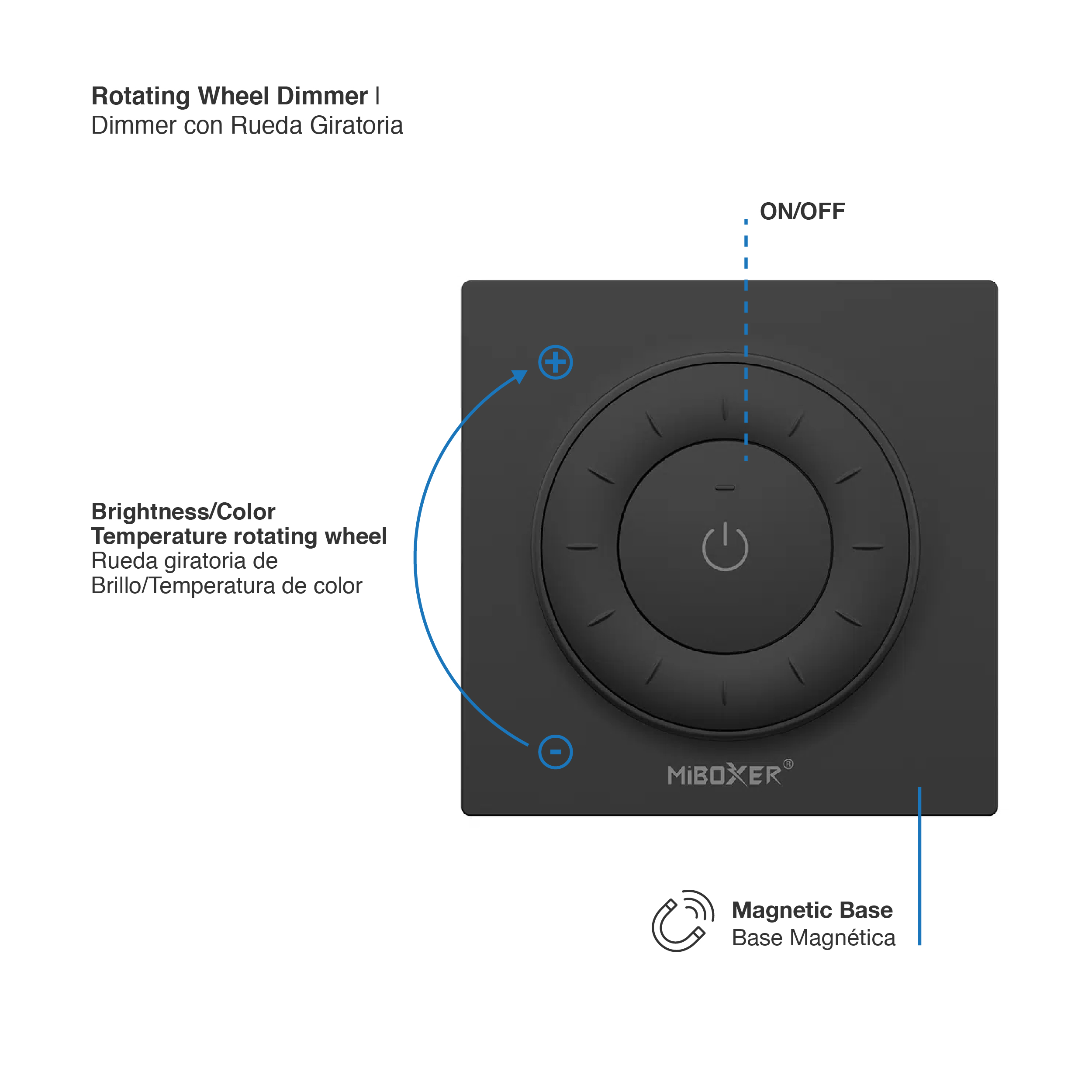 Control Remoto Dimmer Giratorio con Base Magnética 3V 2.4GHz, negro