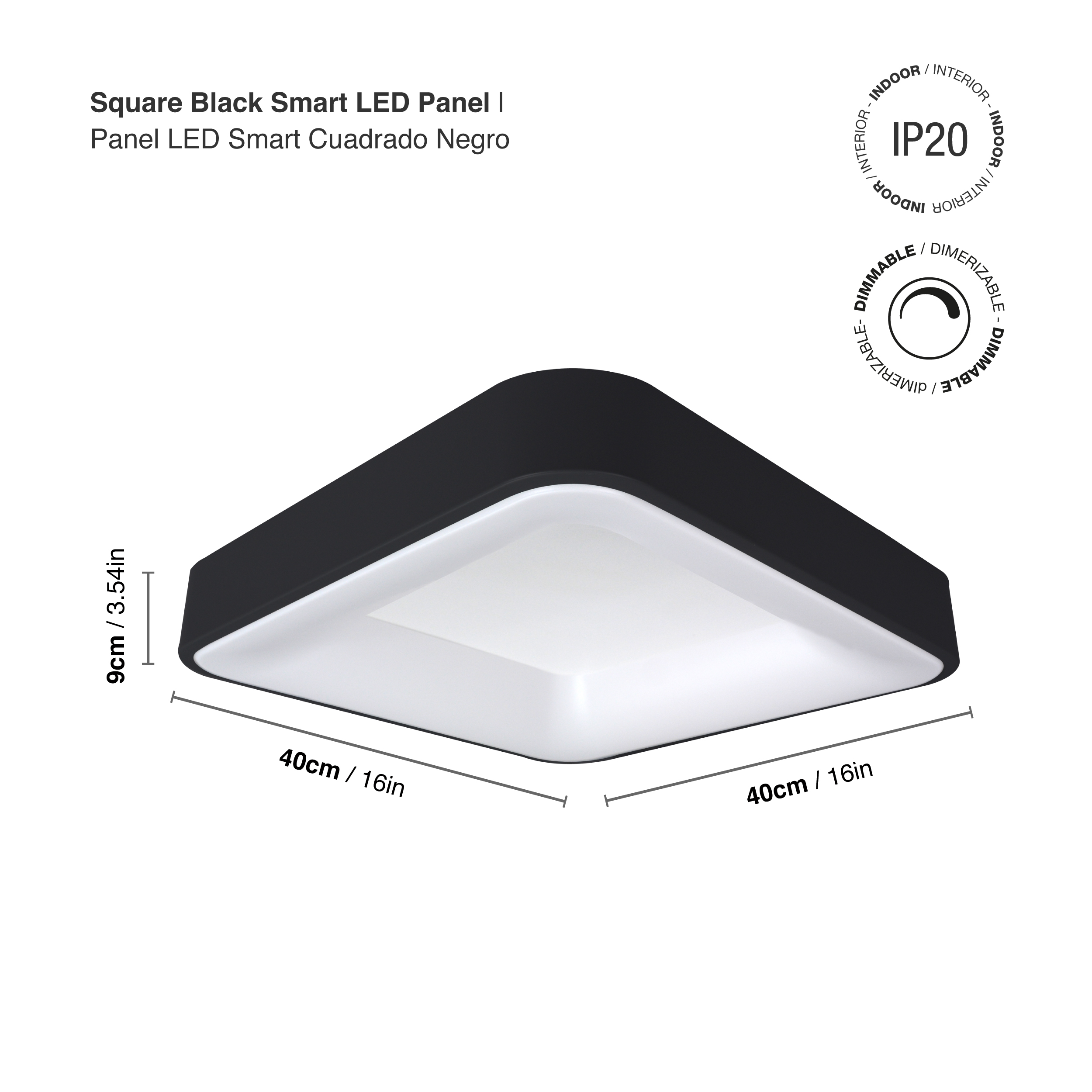 Panel LED Smart Cuadrado Negro 40x40x9cm 32W 140mA CCT, de Aplicar