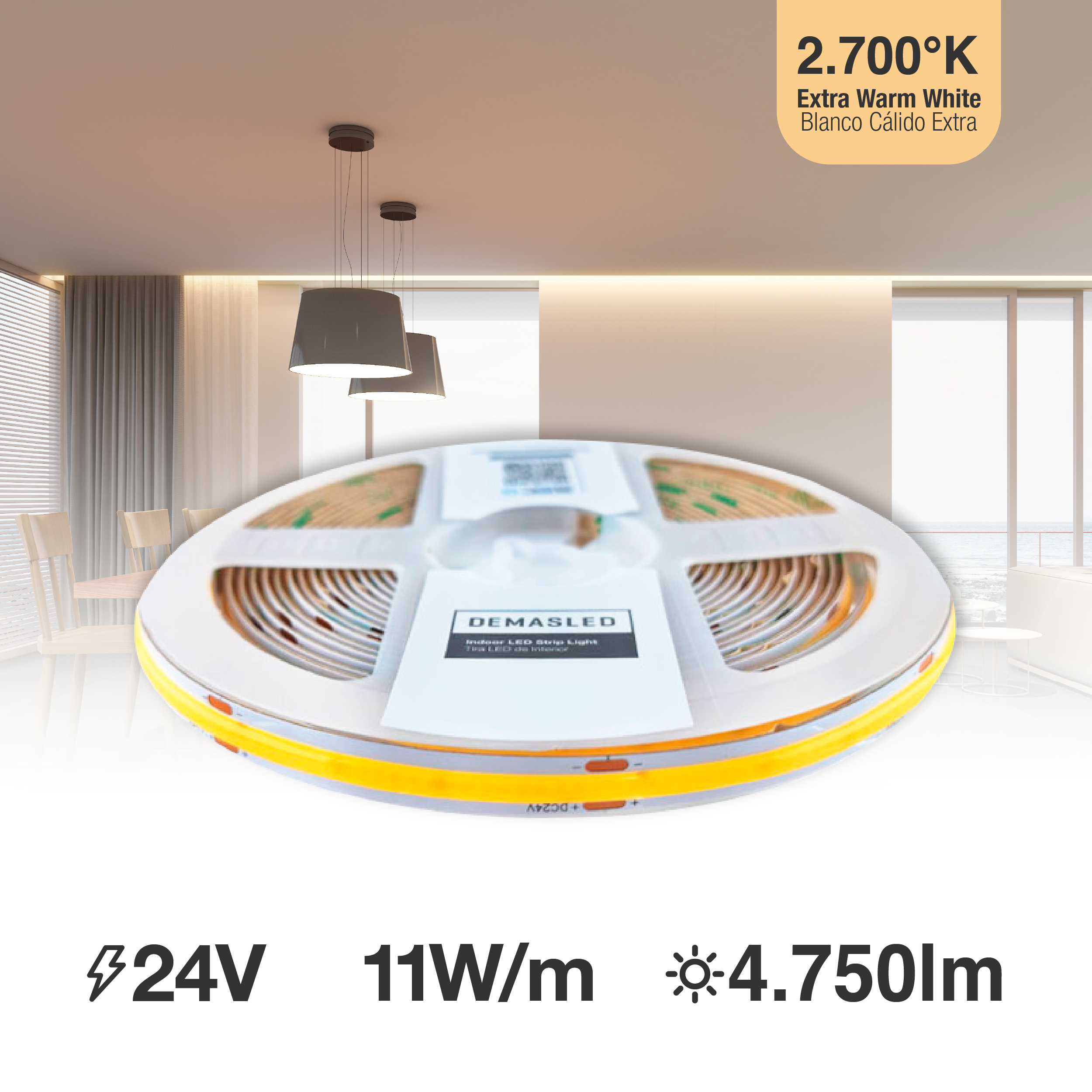 Tira LED COB 24V 11W/m, Blanco superCálido 950lm/m 480 LEDs/m, 8mm, 5m